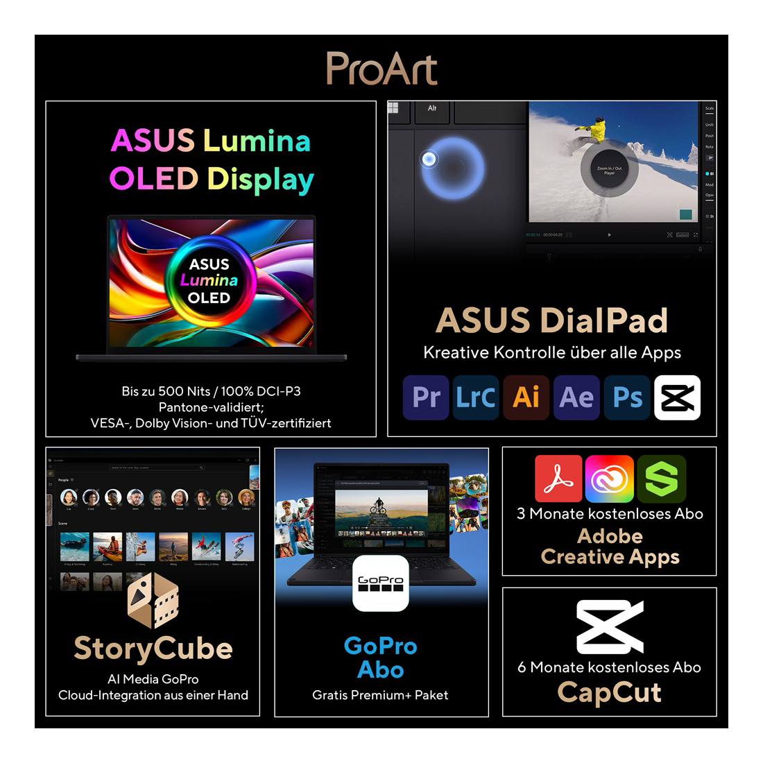 ProArt-Anzeige: ASUS Lumina OLED Laptop & DialPad, StoryCube, GoPro & Adobe Creative Apps