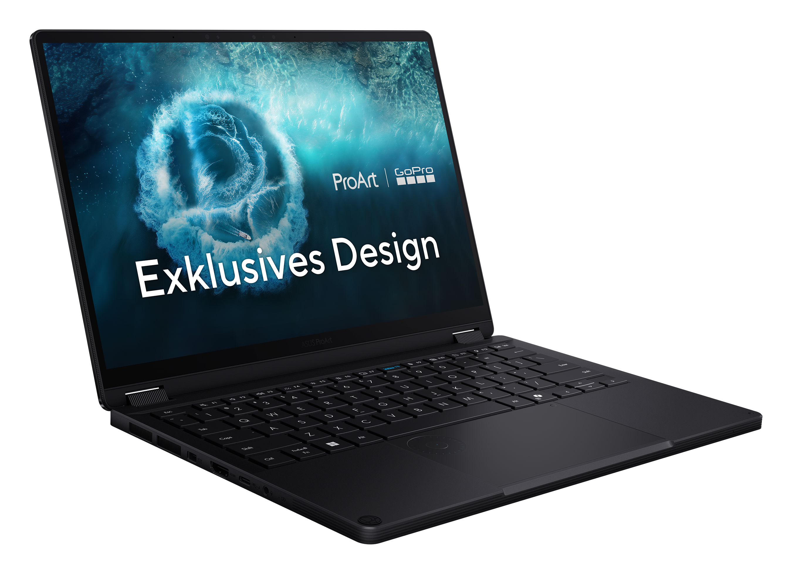 Schwarzer Laptop mit Wellen-Hintergrund und Text „Exklusives Design“.