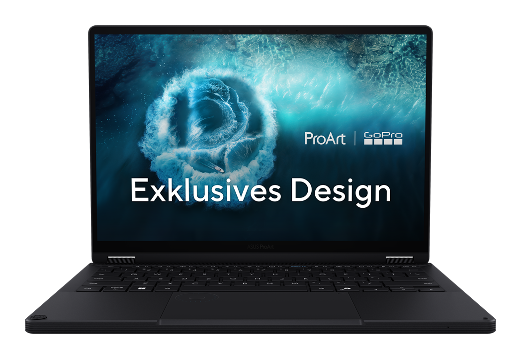 Schwarzer Laptop zeigt eine Welle mit einem Boot. Text: Exklusives Design.