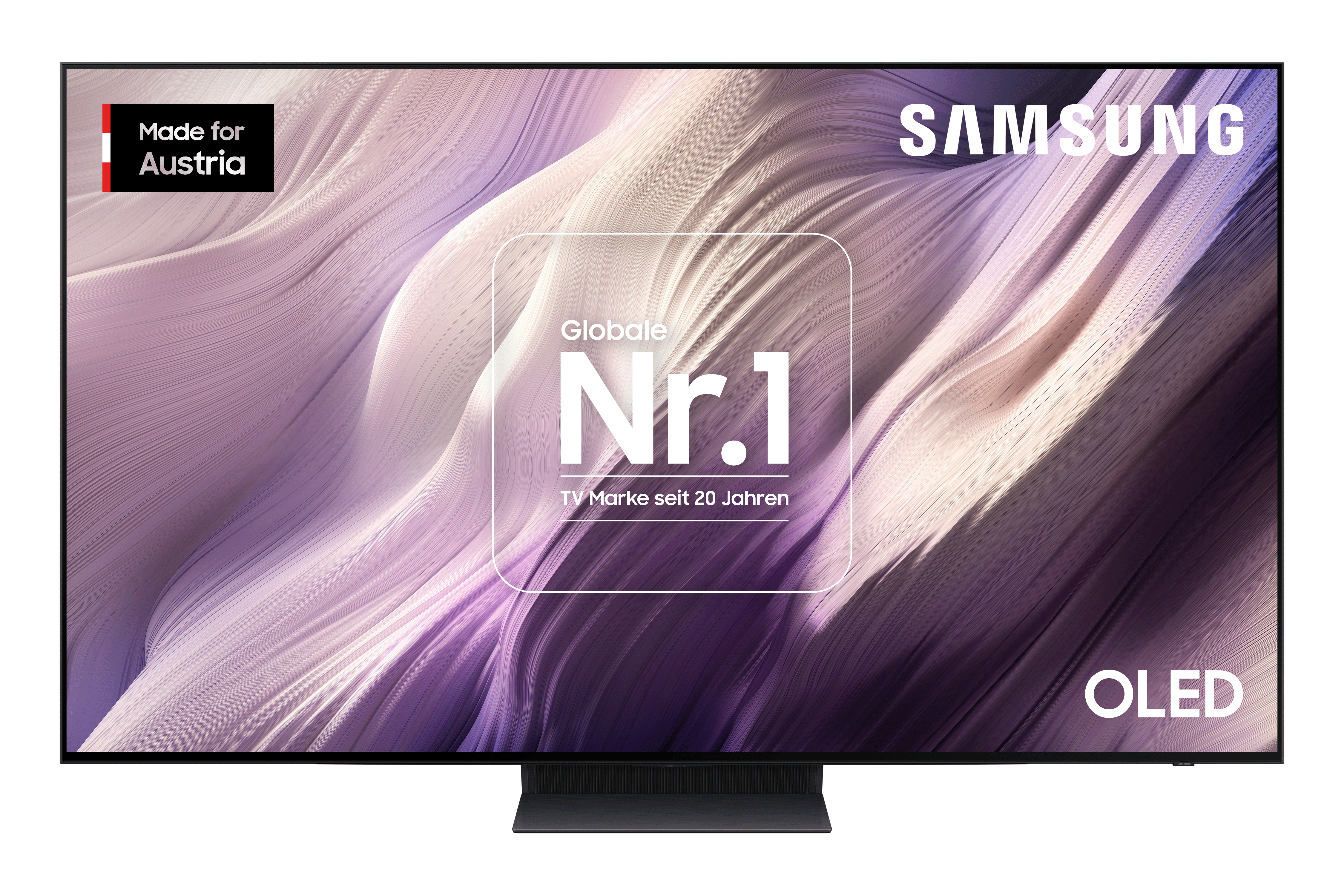 Samsung OLED TV mit "Made for Austria" Logo und "Globale Nr.1"-Aufdruck.