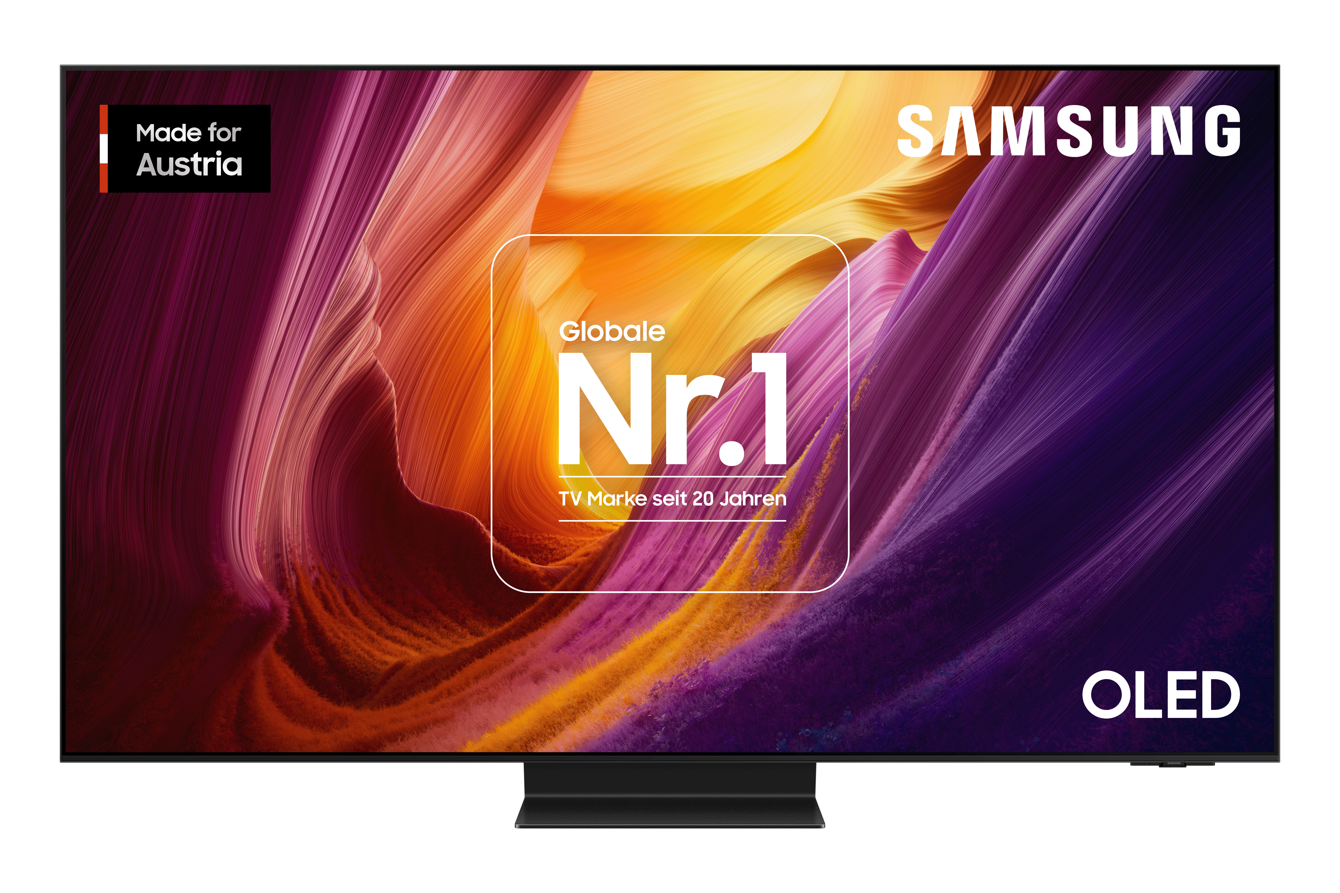 Ein Samsung OLED Fernseher mit lila und orangen Wellenmustern und "Globale Nr.1".