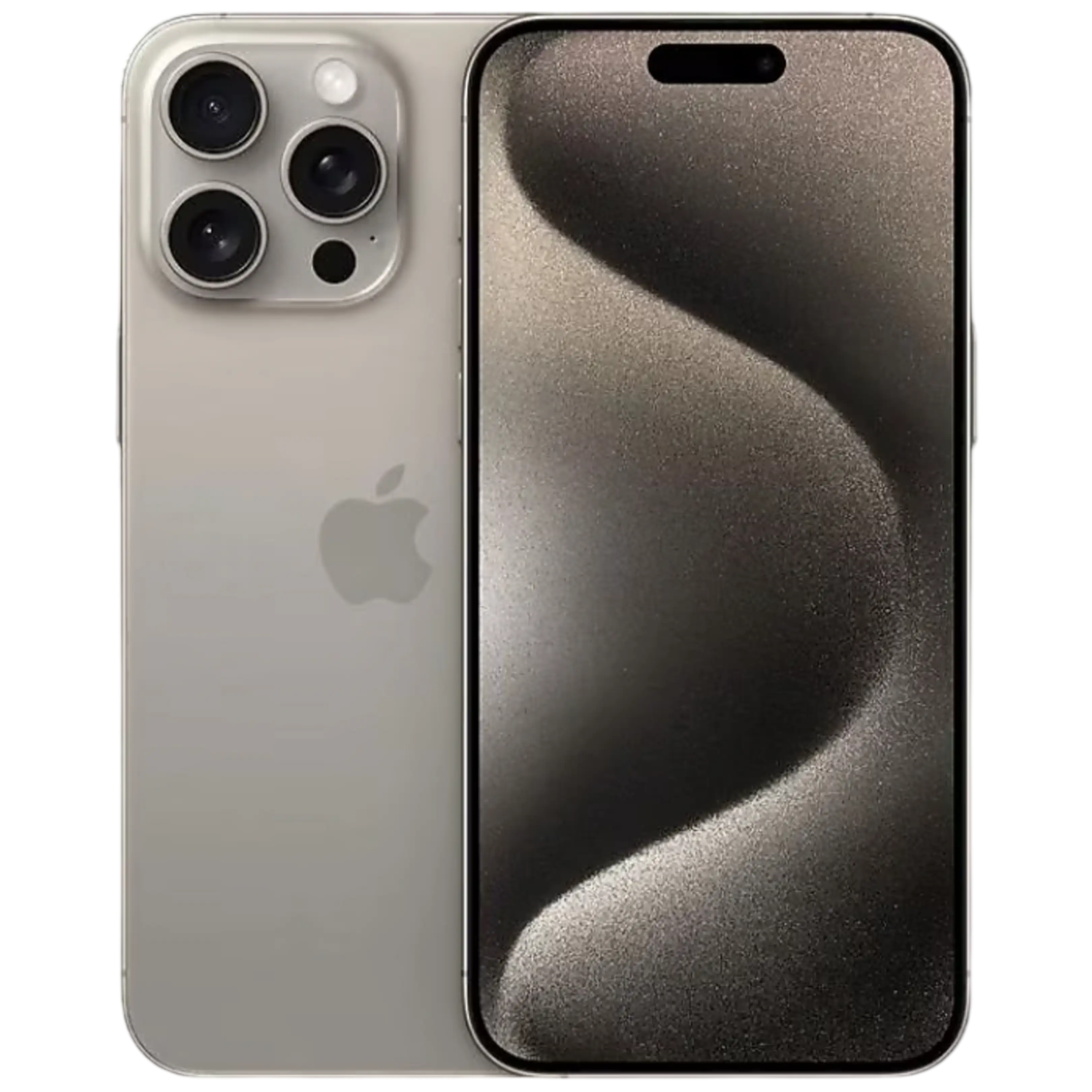 Gümüş iPhone, arkada üç kamera ve karanlık ekran. Apple logosu görünür.