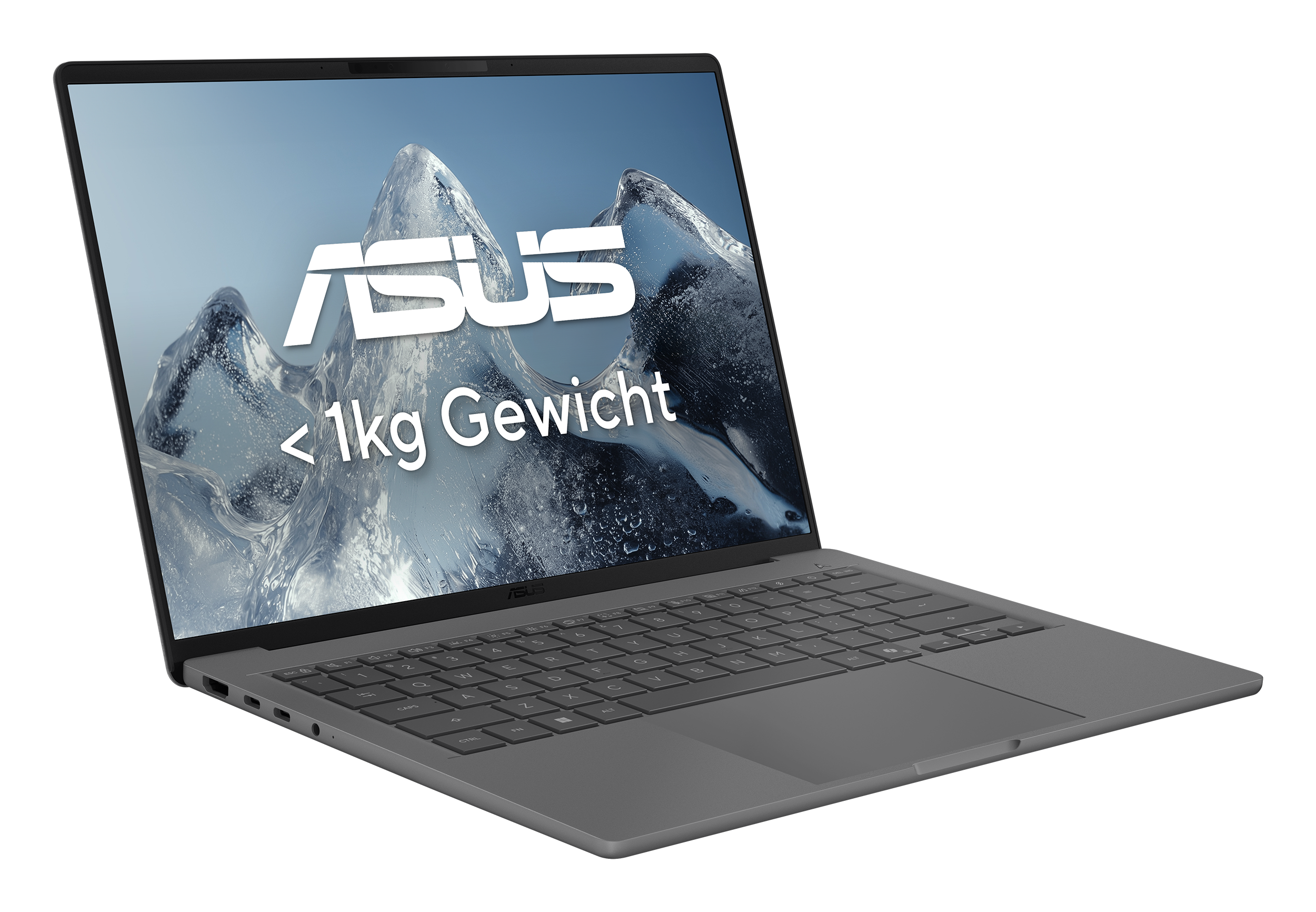 Grauer Laptop mit ASUS-Logo und Text '<lt/>1kg Gewicht' auf dem Bildschirm.