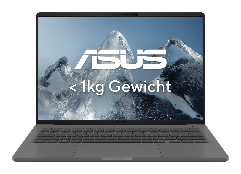 Ein graues Asus-Laptop mit Eis und dem Text „<lt/>1kg Gewicht“.