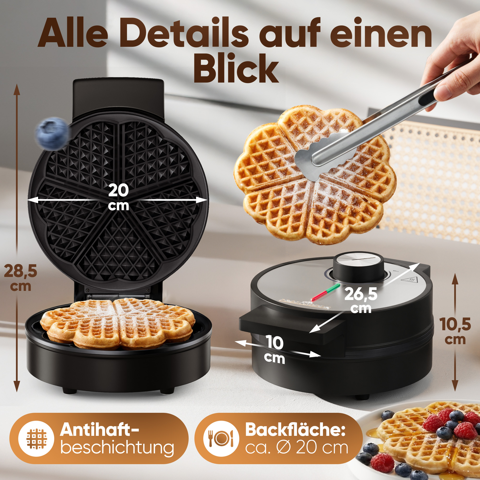 Waffeleisen mit Waffeln, Maßen und Text. Maße: 28,5cm H, 20cm B, 26,5cm L, 10,5cm H, 10cm L.