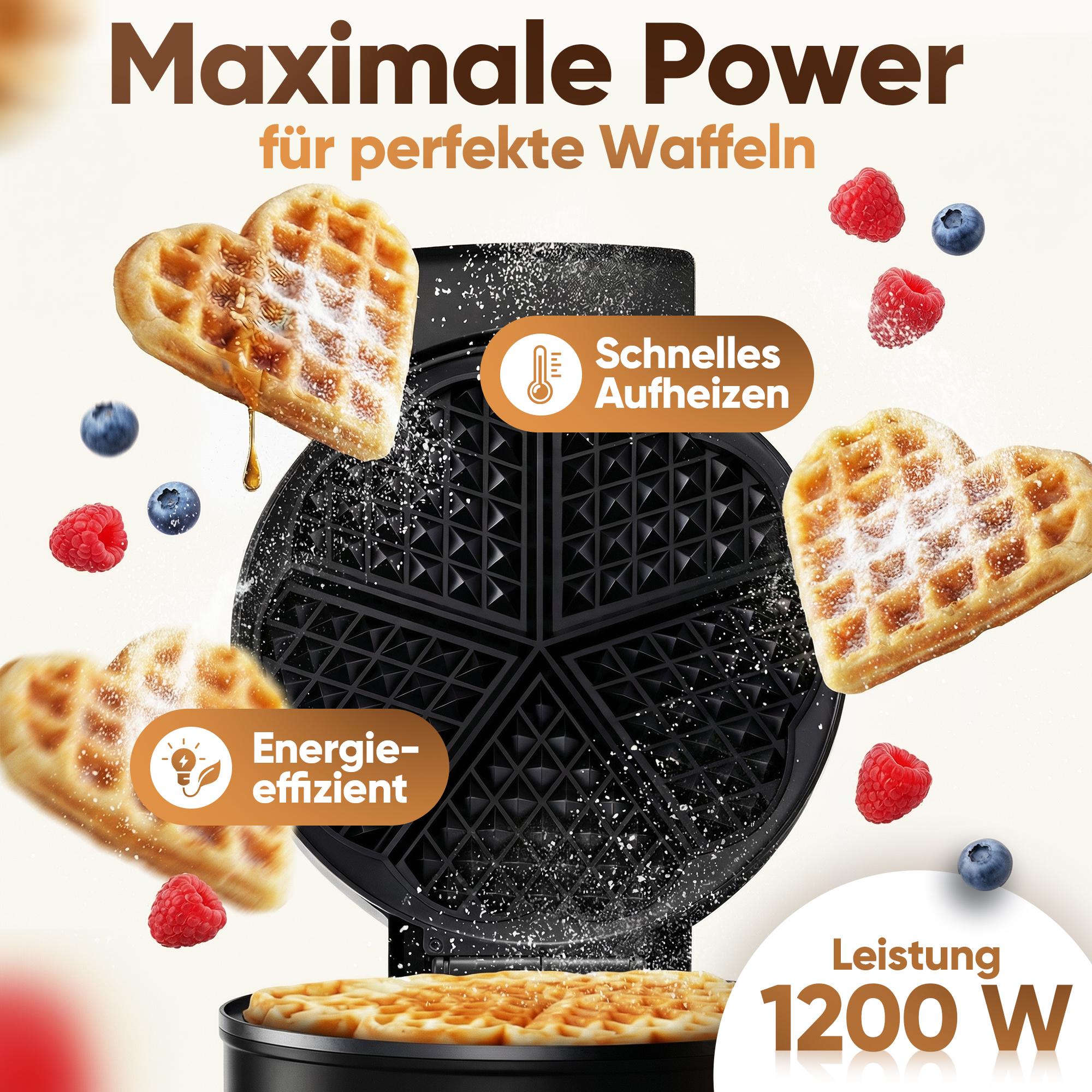 Waffeleisen mit Herz-Waffeln, Beeren, Schnell Aufheizen und 1200W Leistung.