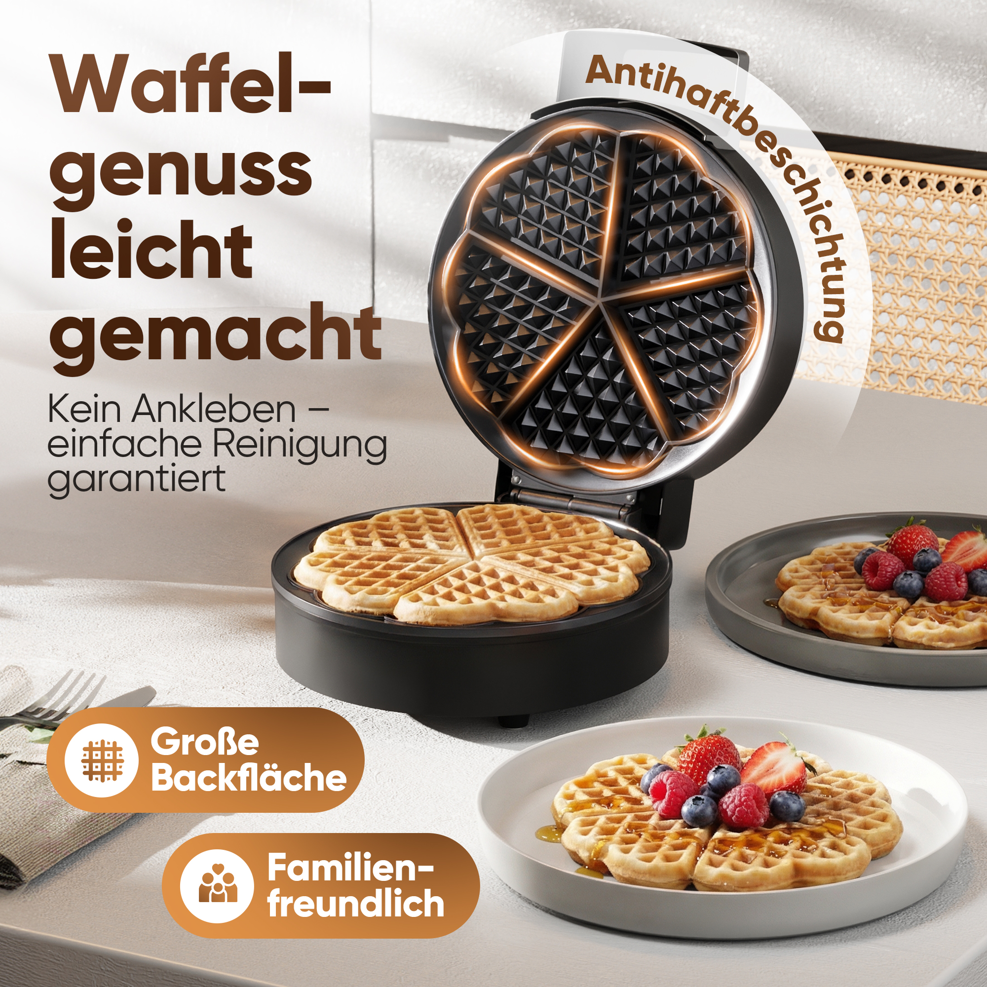 Waffelautomat mit fertigen Waffeln, Beeren und Sirup auf Tellern.