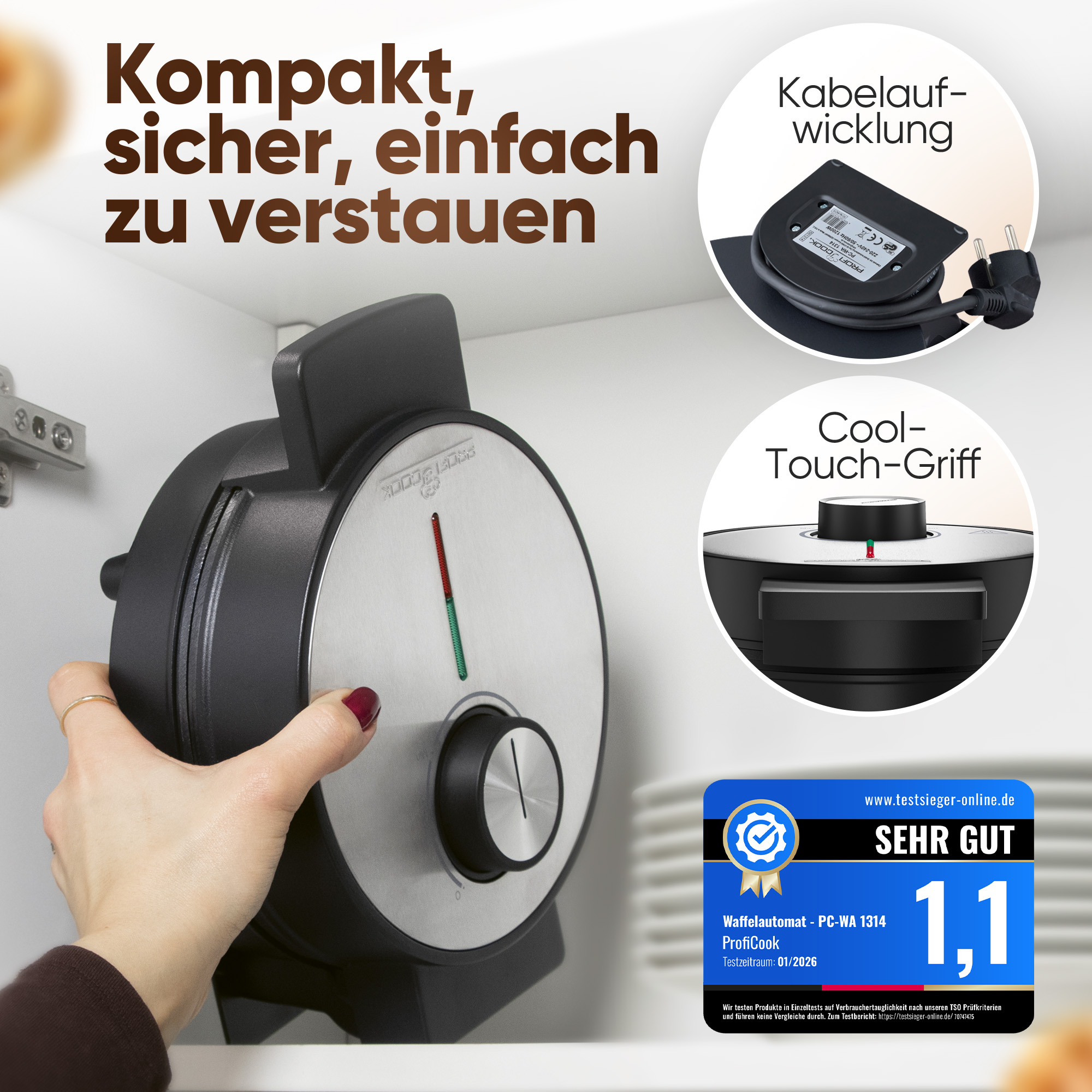 Schwarzer Waffelautomat mit Kabelaufwicklung und Cool-Touch-Griff.