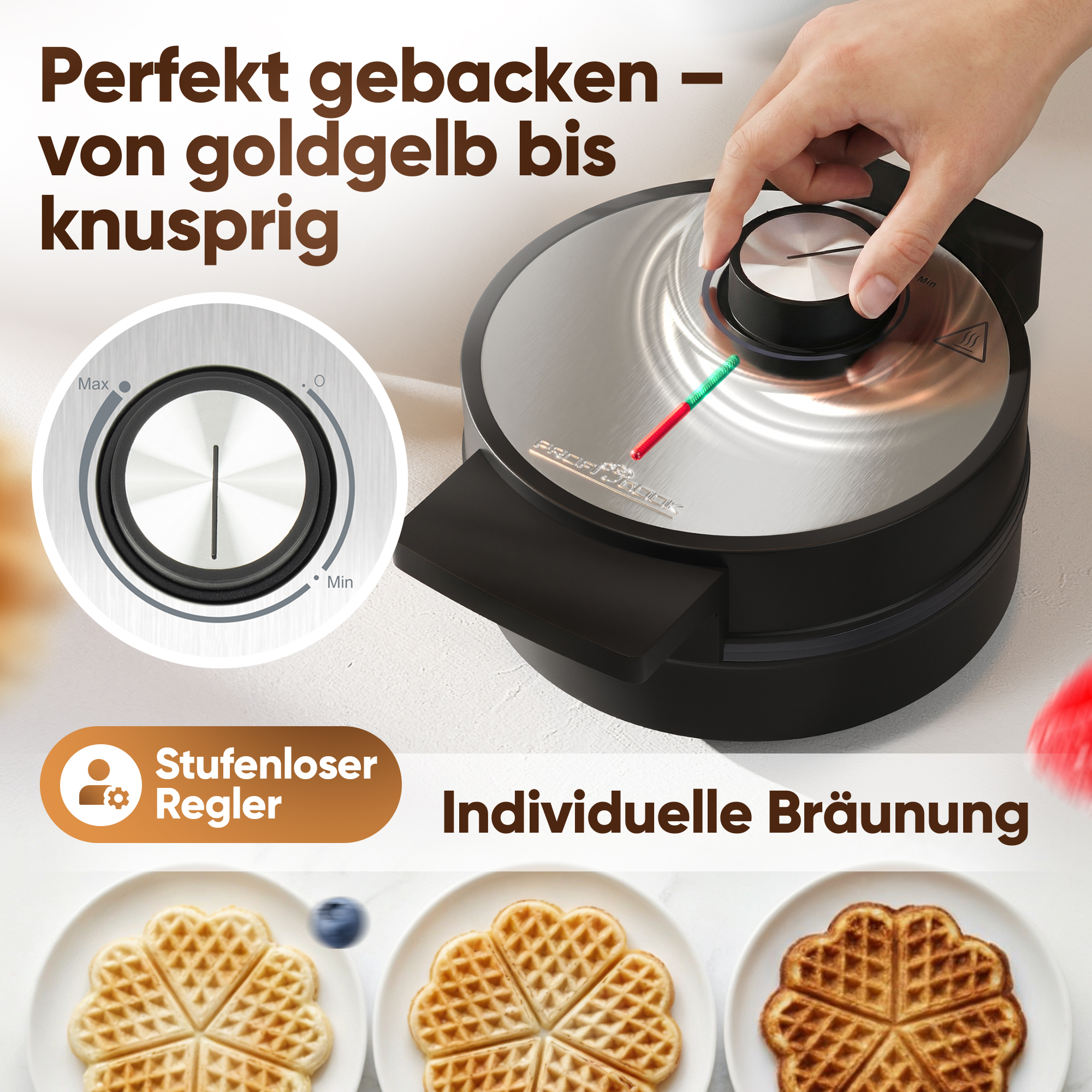 Waffeleisen mit Einstellknopf und drei Tellern mit Waffeln.