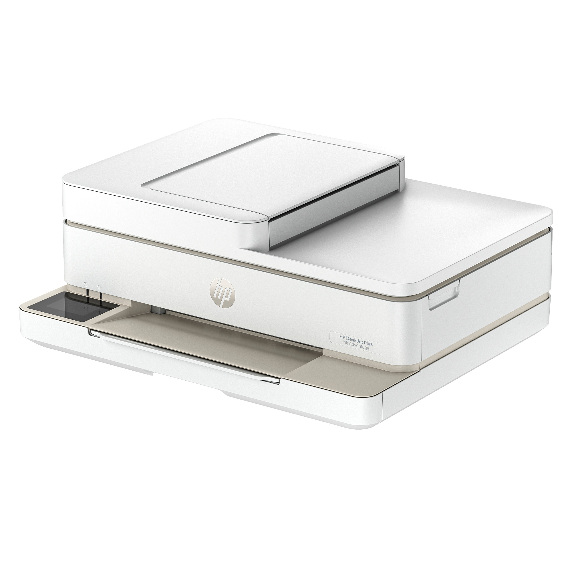 Dokunmatik ekranlı ve tarayıcılı beyaz HP DeskJet Plus yazıcı.