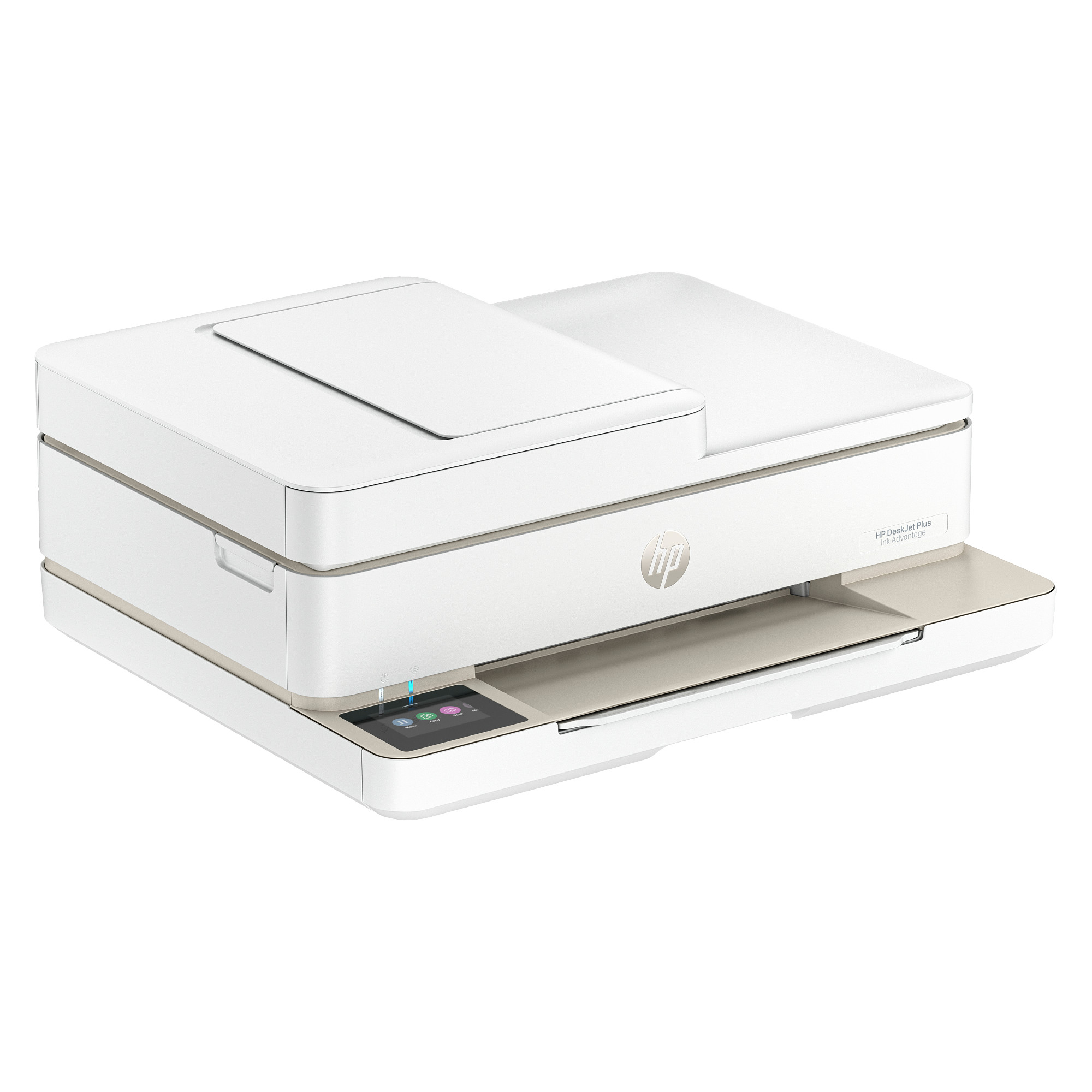 HP logosu ve dokunmatik ekranı olan beyaz bir HP yazıcı.
