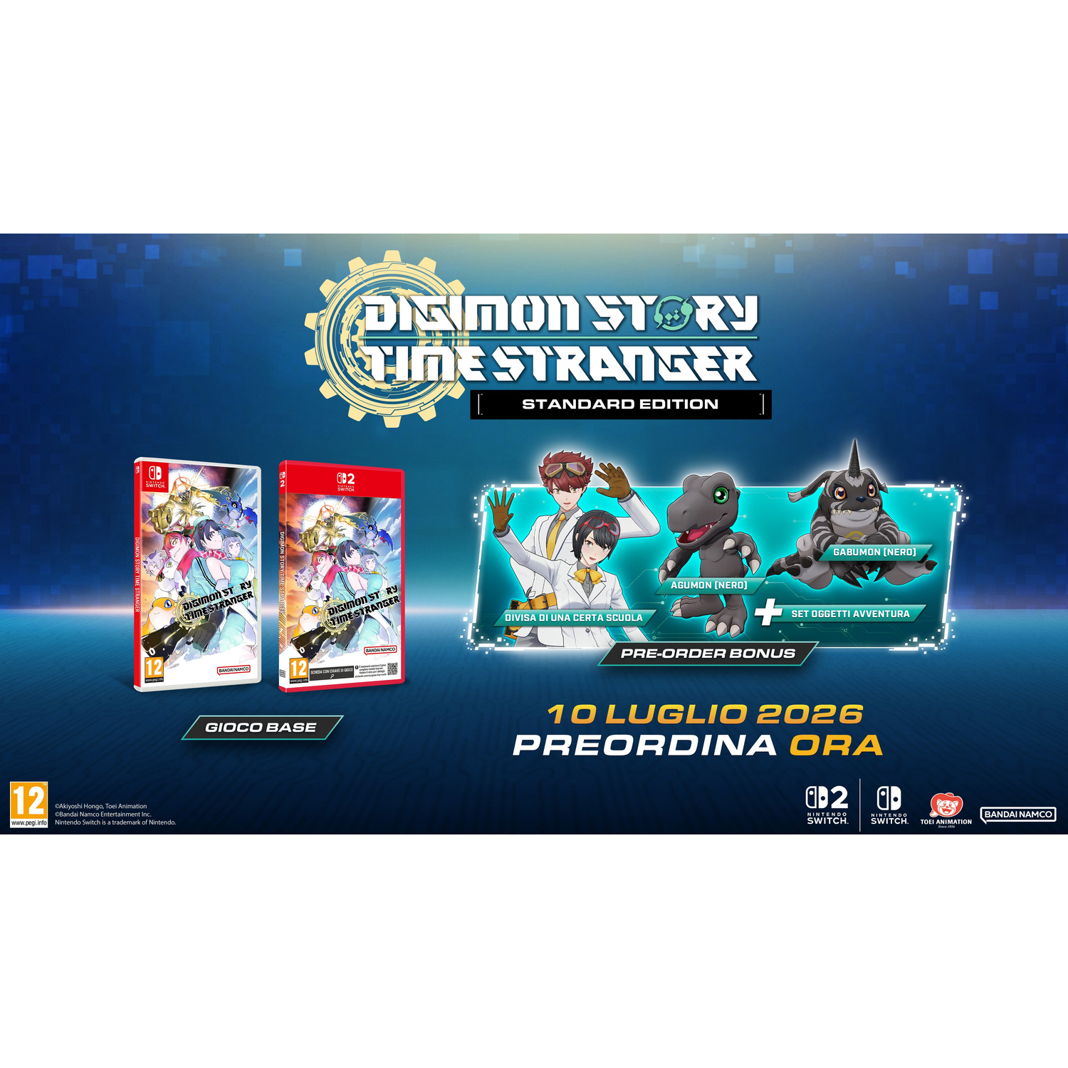 Copertina Digimon Story: Time Stranger Standard Edition con personaggi e custodie.