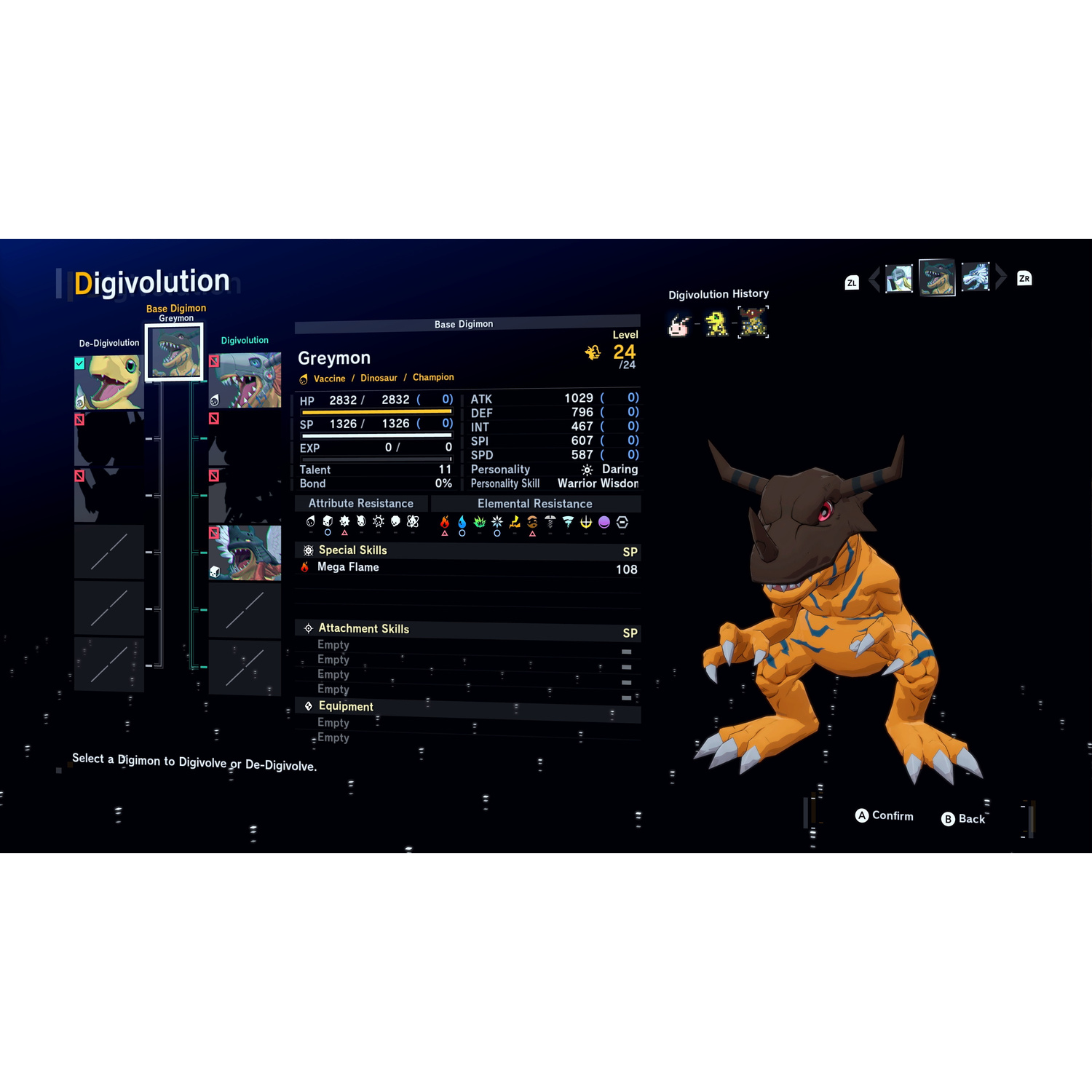 Schermata del personaggio Greymon con statistiche e opzioni di digievoluzione.