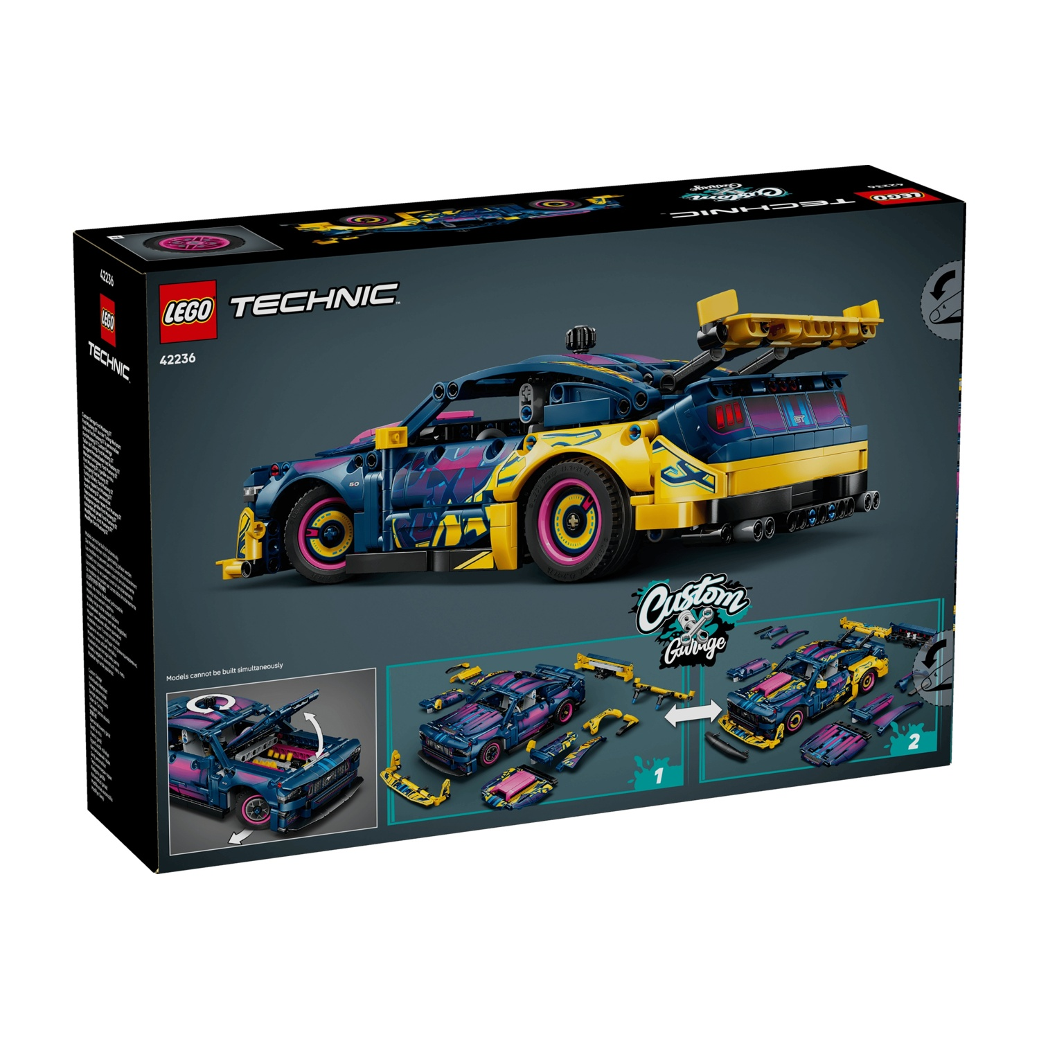 Scatola di un'auto giocattolo Lego Technic "Custom Garage" blu, gialla e rosa.