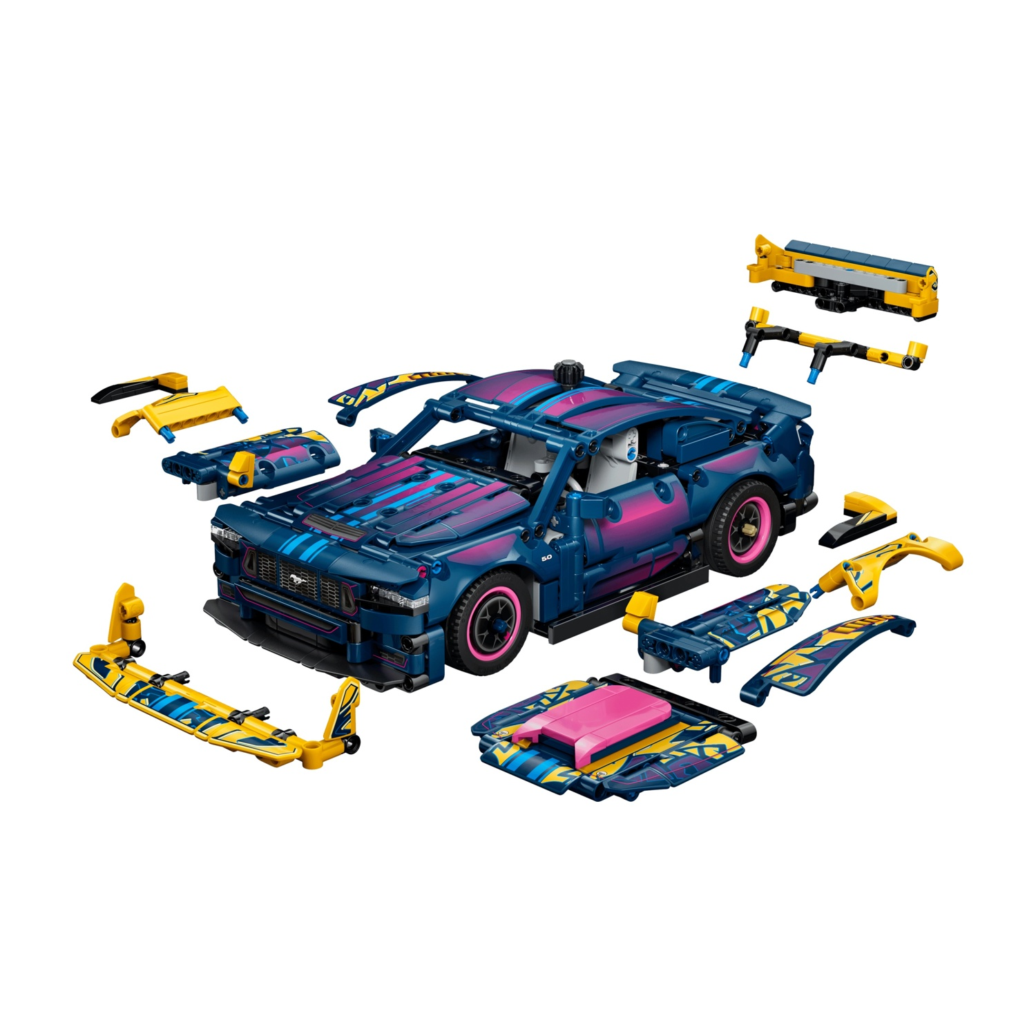 Una auto sportiva Lego blu scuro con accenti rosa e blu, smontata in parti.