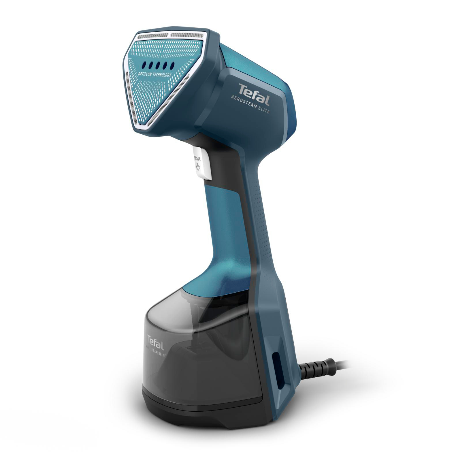 Ein blauer und schwarzer Tefal Handdampfglätter mit Wassertank.