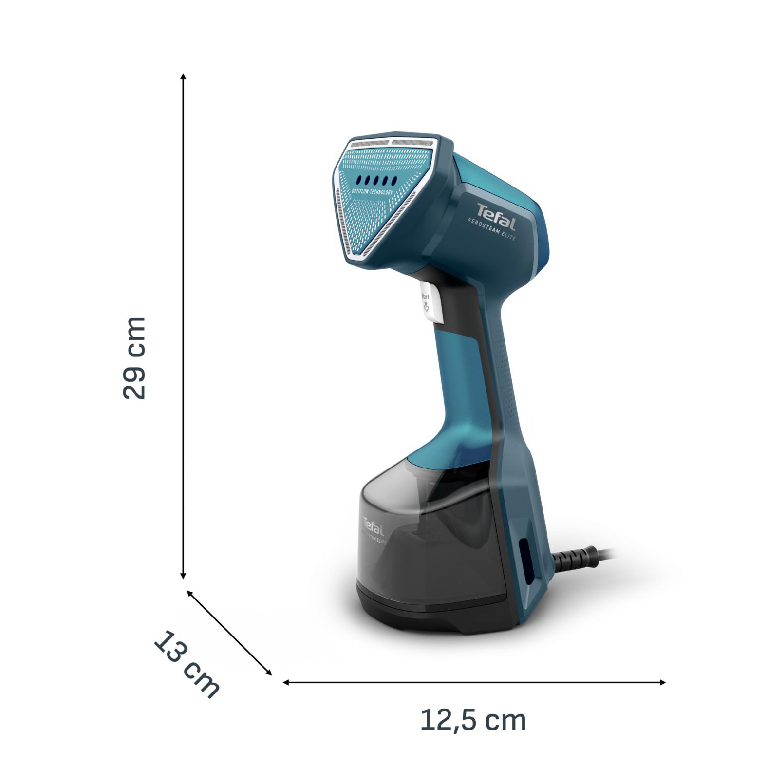 Ein blauer Tefal Dampfglätter mit silbernen Akzenten und Maßen.