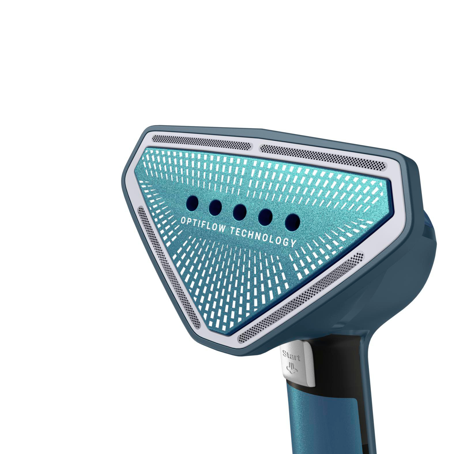Dampfbügeleisenkopf mit blauen Optiflow-Technologie-Details und Startknopf.