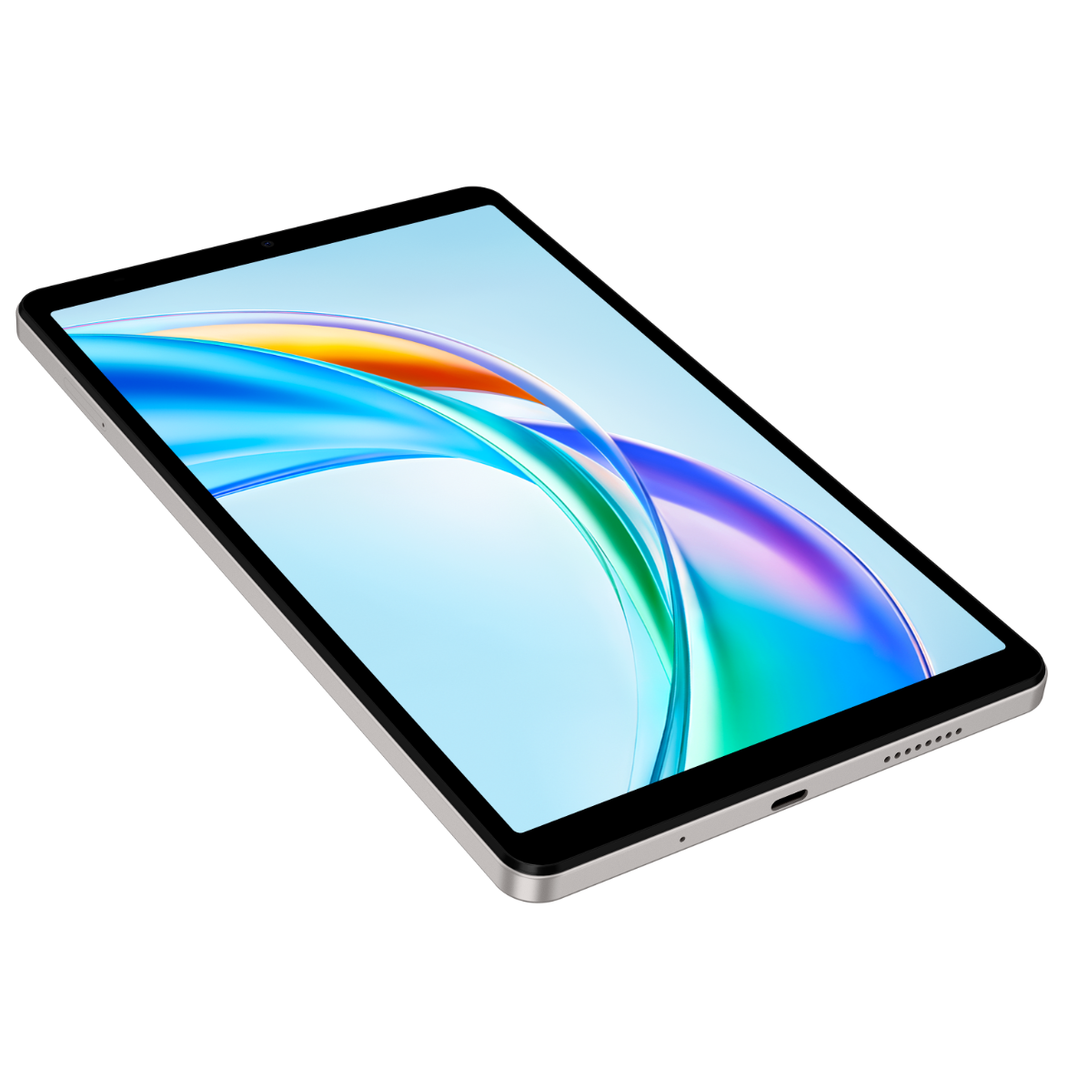 Açık mavi arka plan üzerinde soyut renkli dalgalar gösteren parlak ekranlı gümüş bir tablet.