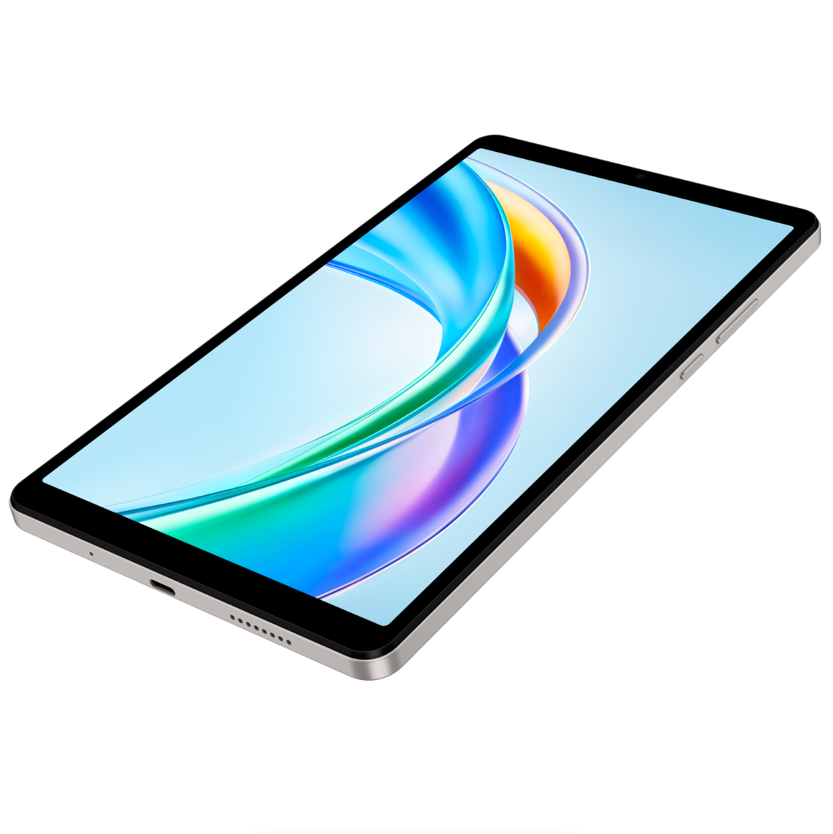 Ekranında renkli soyut duvar kağıdı olan gümüş rengi tablet.