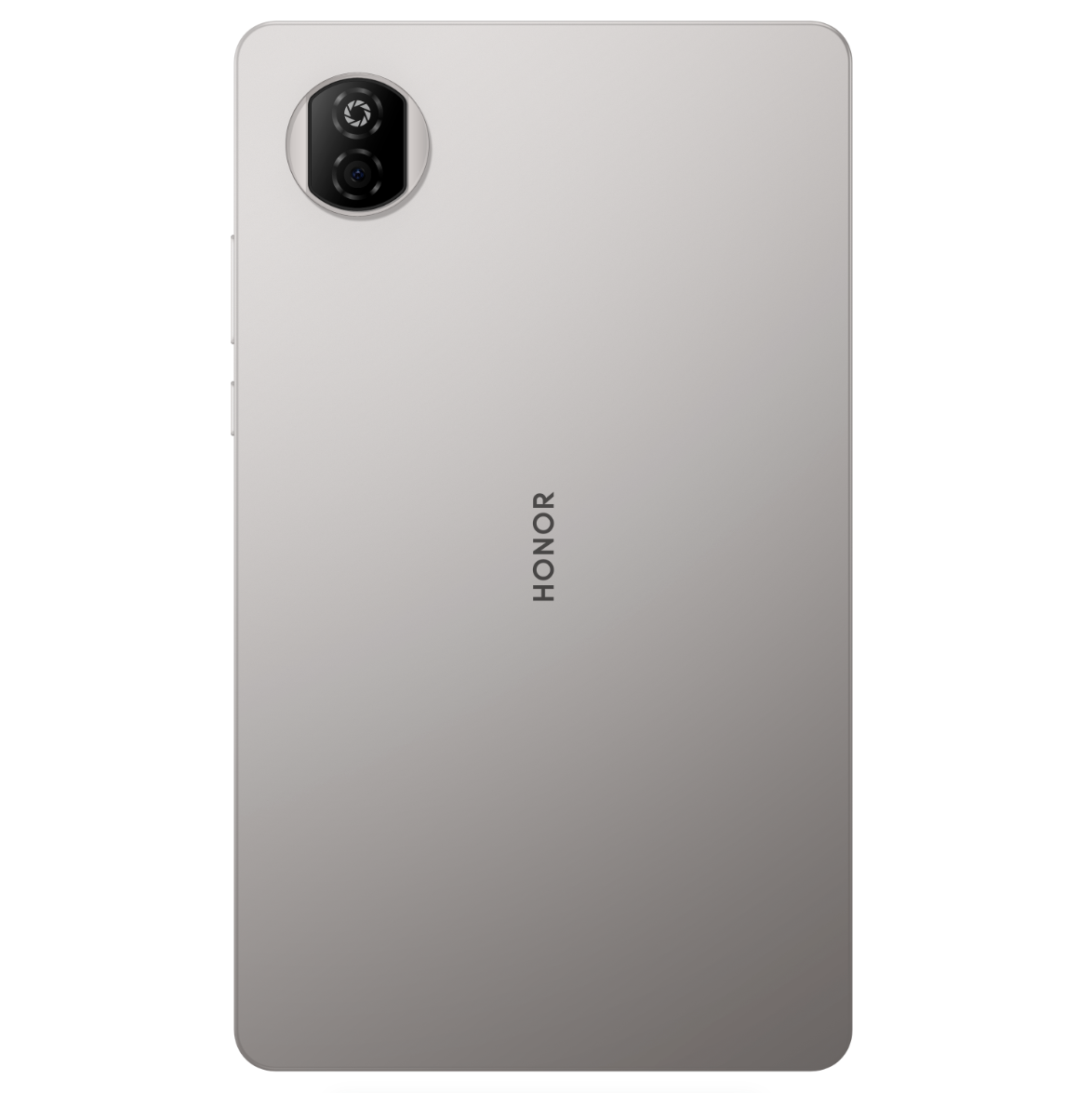 HONOR logosu ve çift kamera lensli gümüş tabletin arkası.