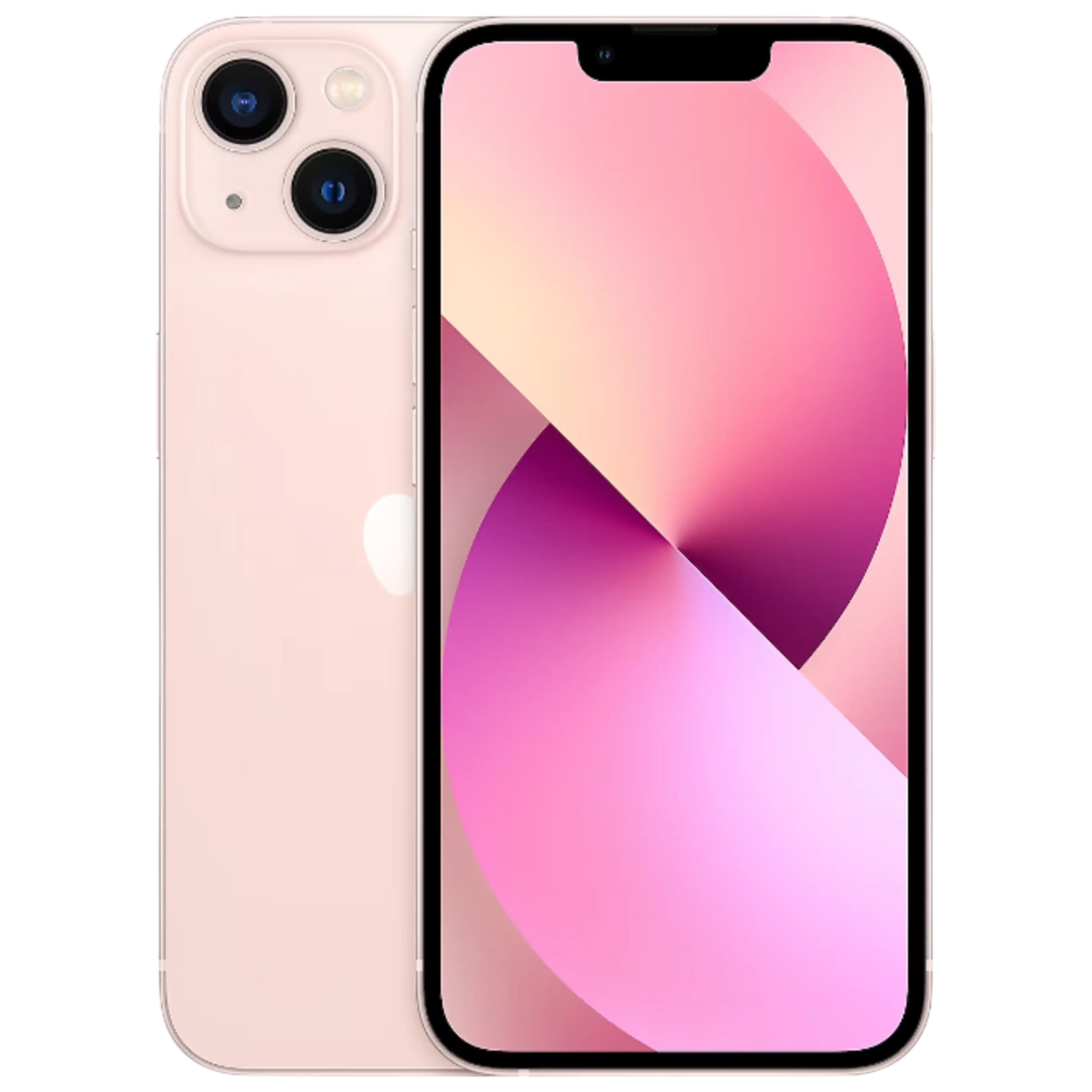 Arkada çift lensli kameraya ve ekranda pembe gradyana sahip açık pembe bir iPhone.