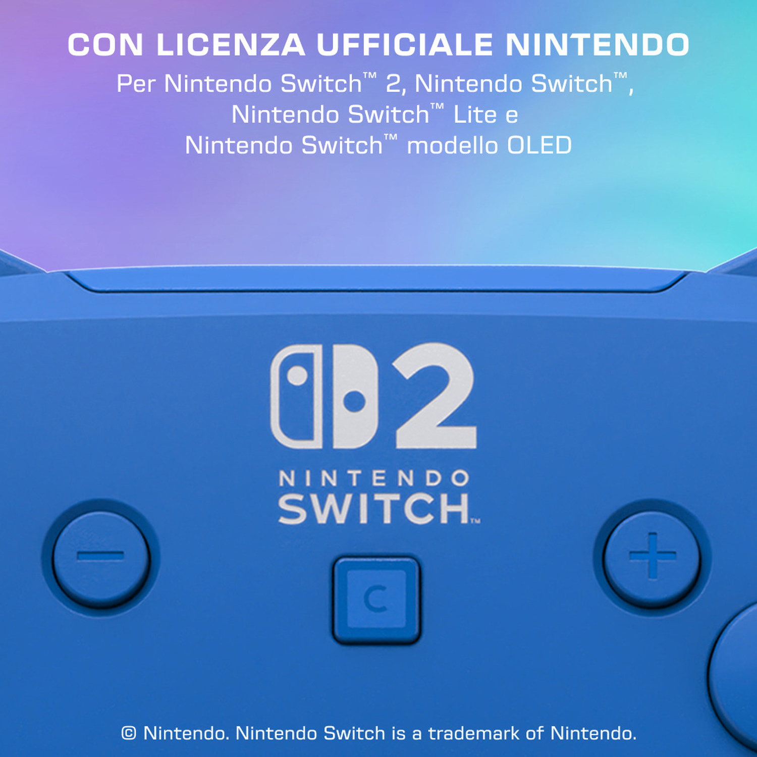 Controller blu Nintendo Switch 2 con pulsanti più e meno.