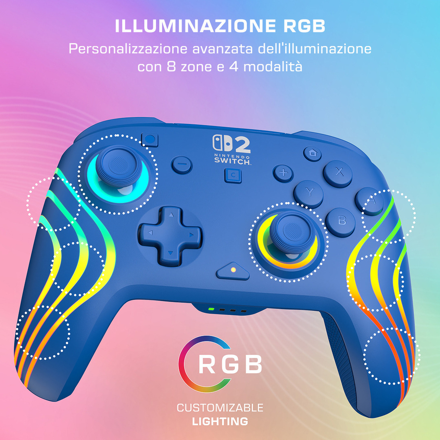 Un controller blu Nintendo Switch con illuminazione RGB e linee animate.