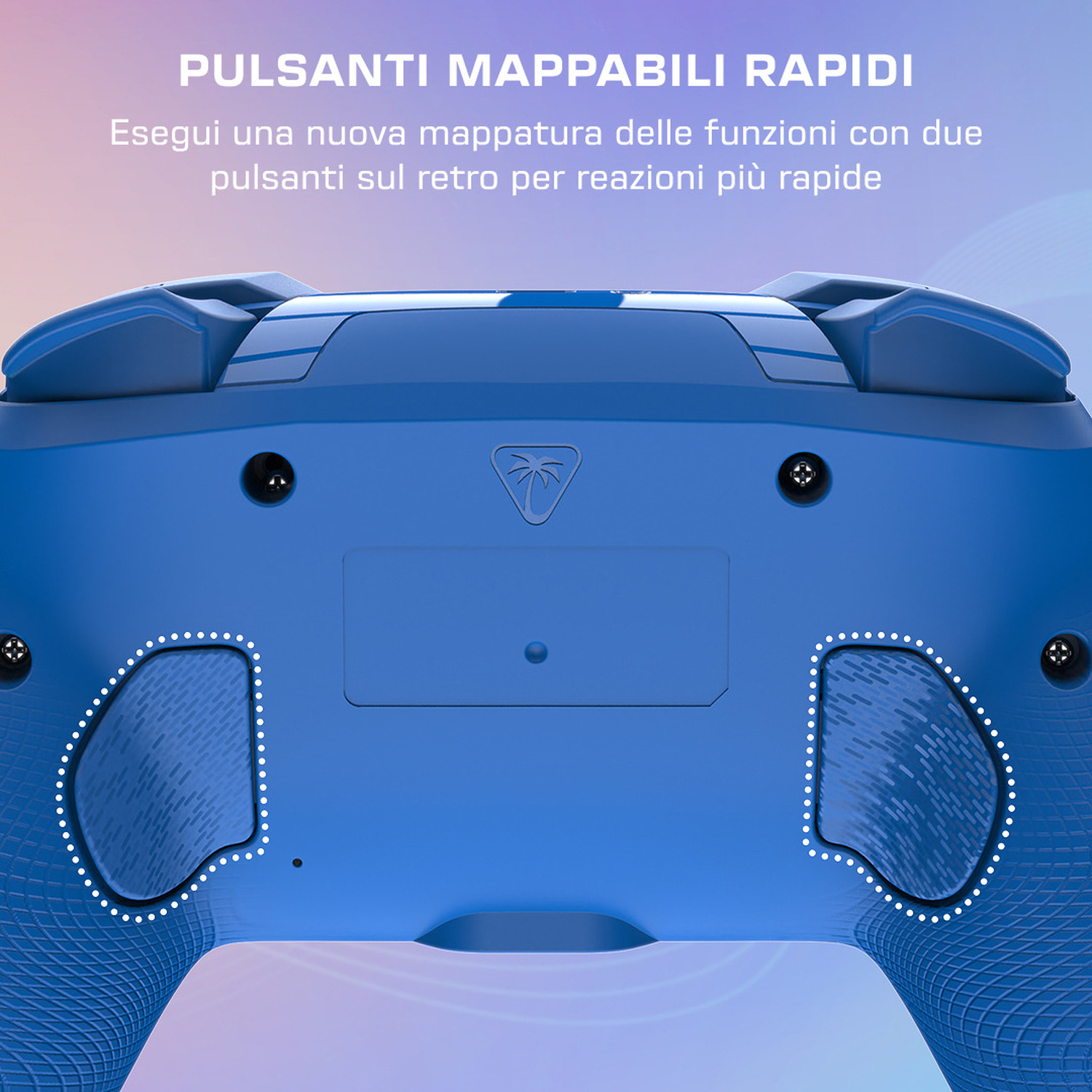 Controller blu con pulsanti e impugnature etichettate sul retro.