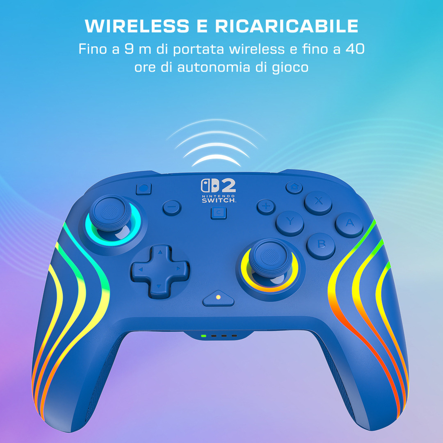 Un controller blu Nintendo Switch con luci colorate e testo. Wireless fino a 9m.