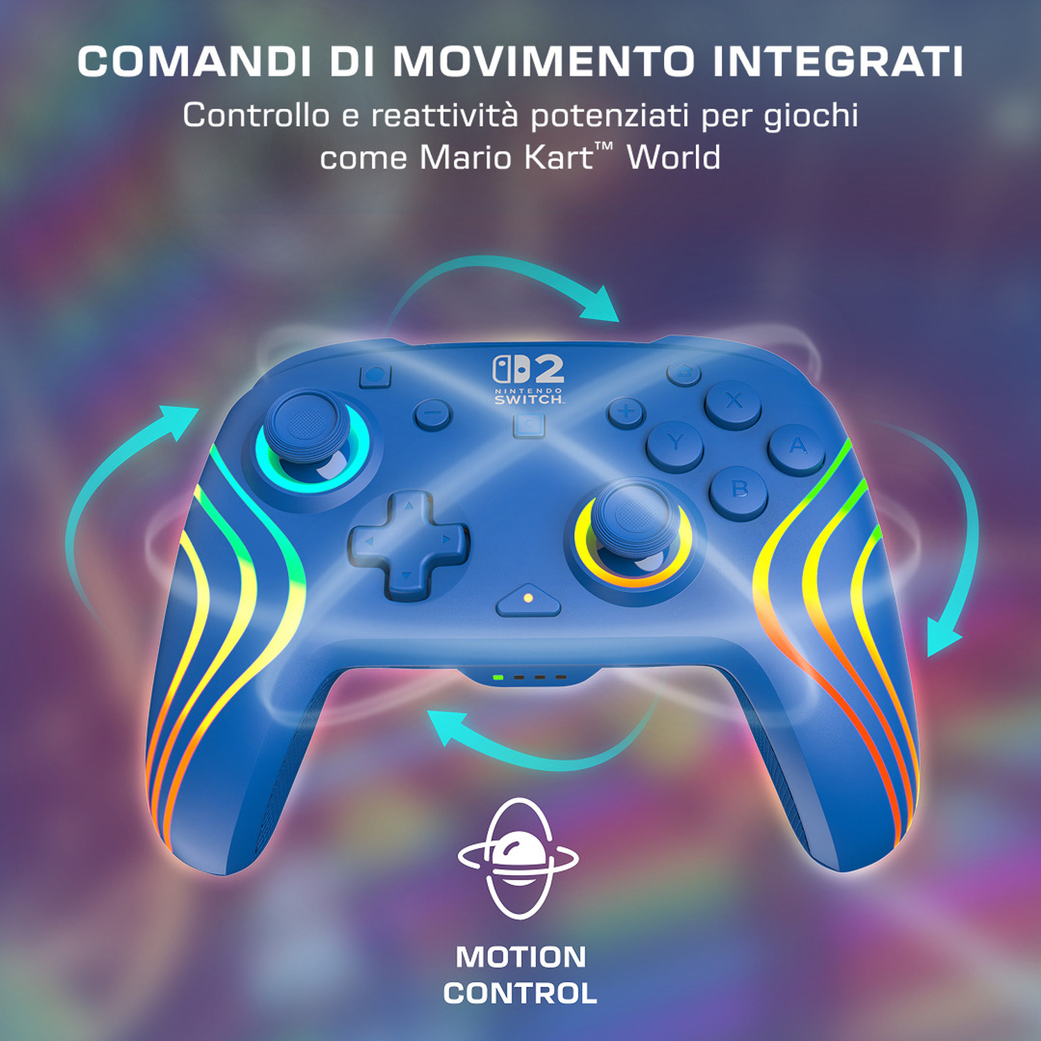 Un controller blu Nintendo Switch con strisce colorate e frecce di movimento.