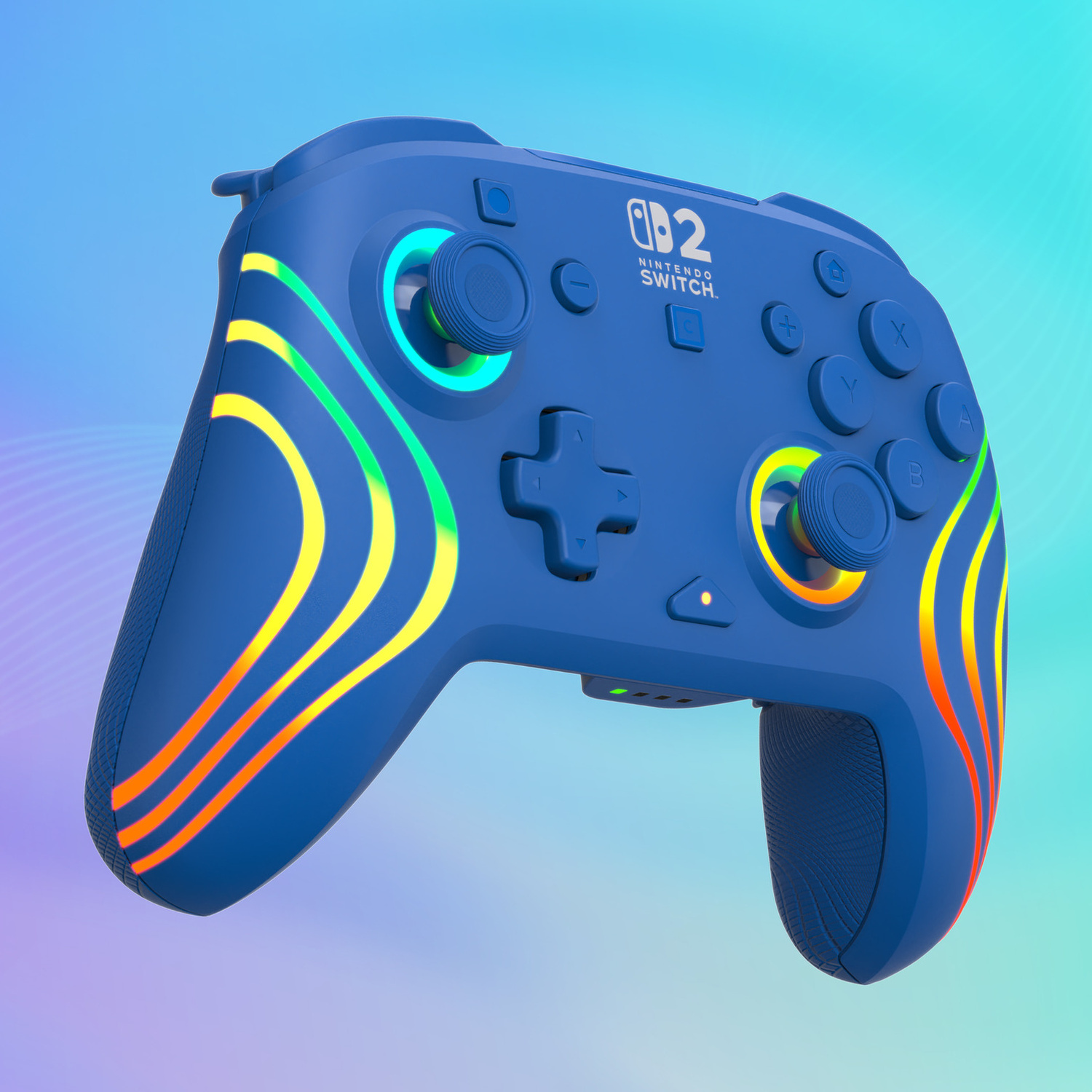 Un controller blu Nintendo Switch con accenti luminosi colorati su sfondo blu.