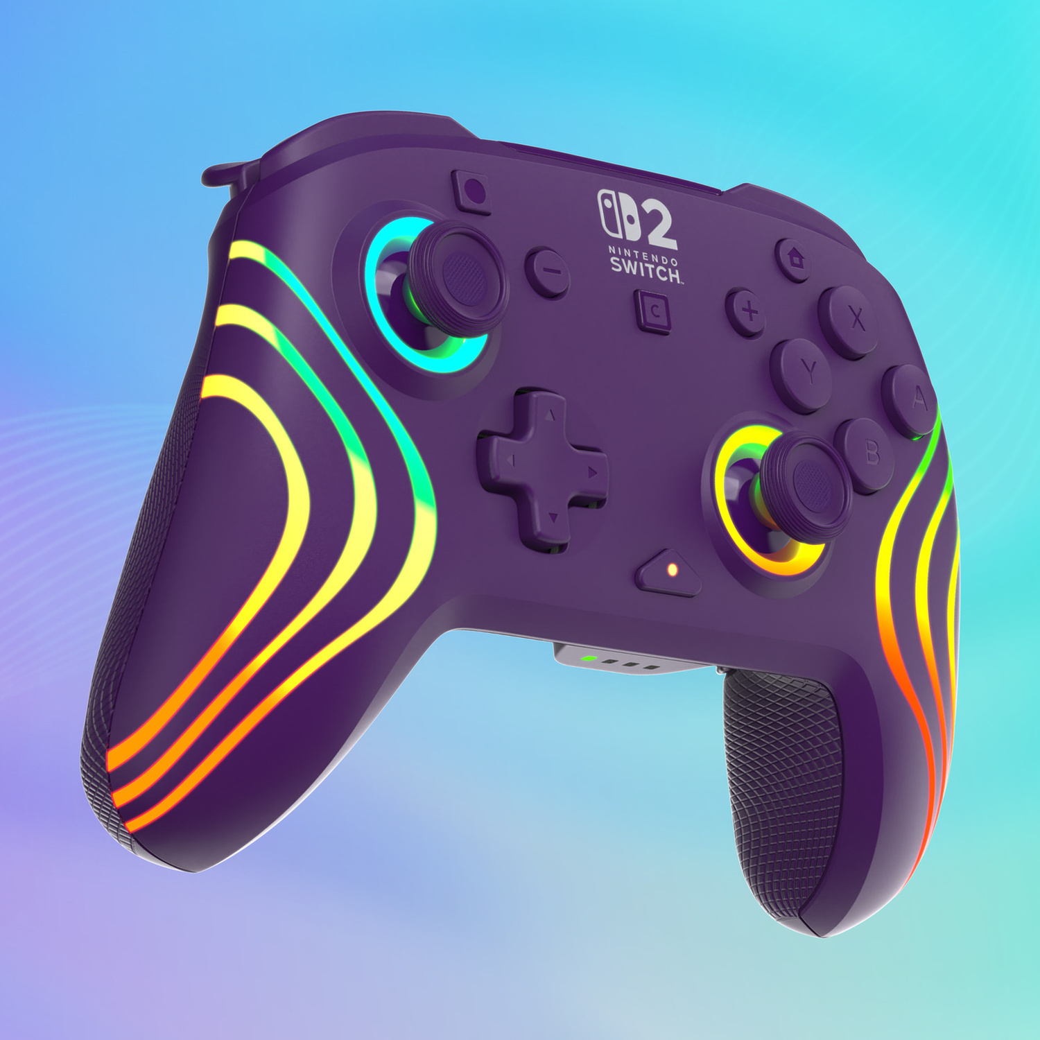 Un controller viola per Nintendo Switch con strisce luminose colorate e joystick illuminati.