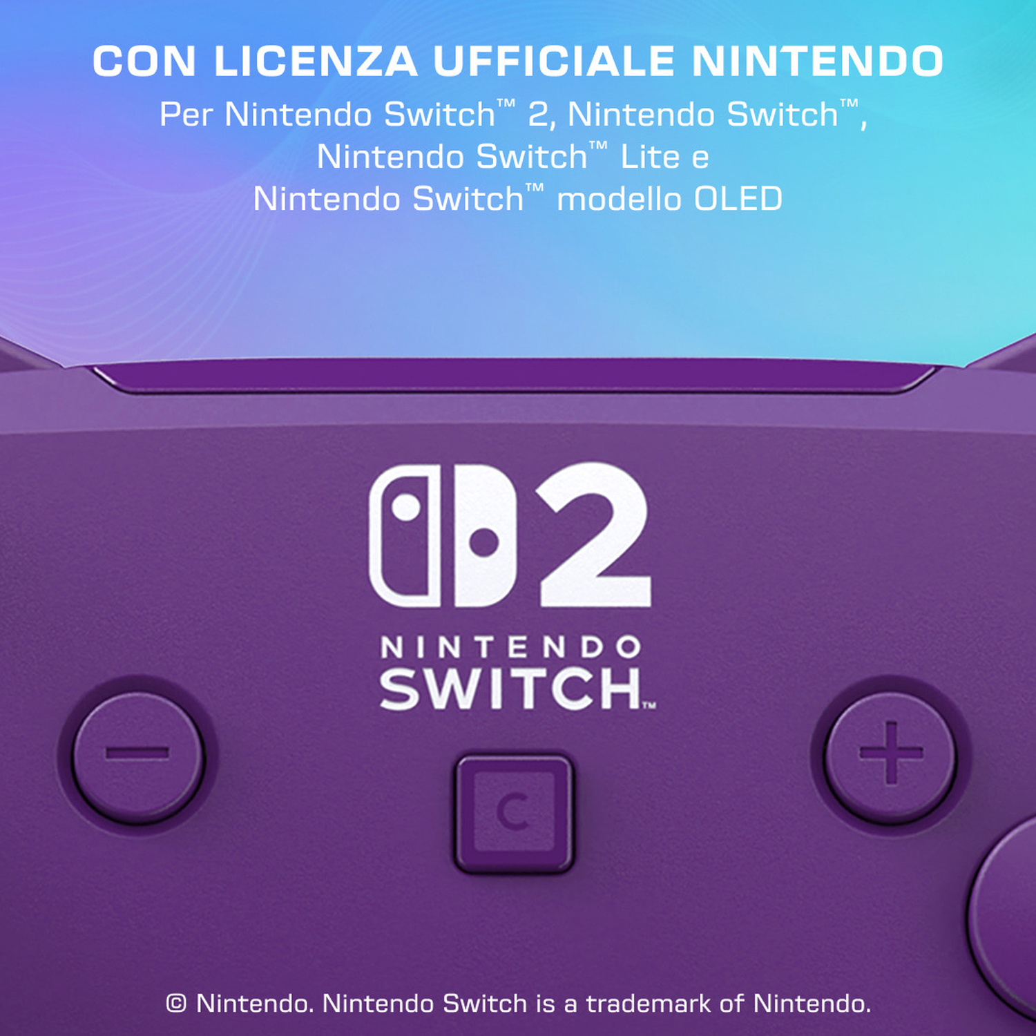 Controller viola Nintendo Switch con pulsanti e loghi.