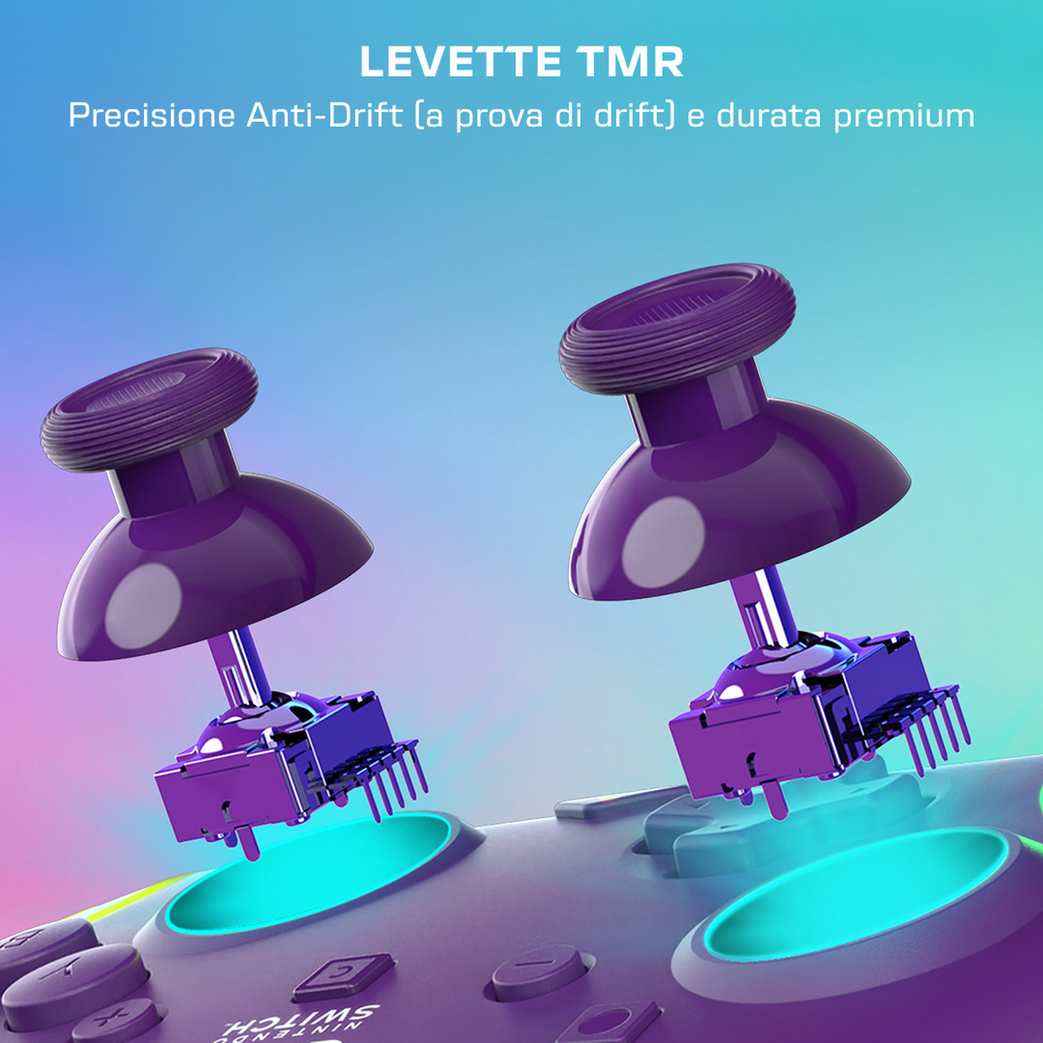 Due moduli joystick viola per Nintendo Switch con anelli luminosi.