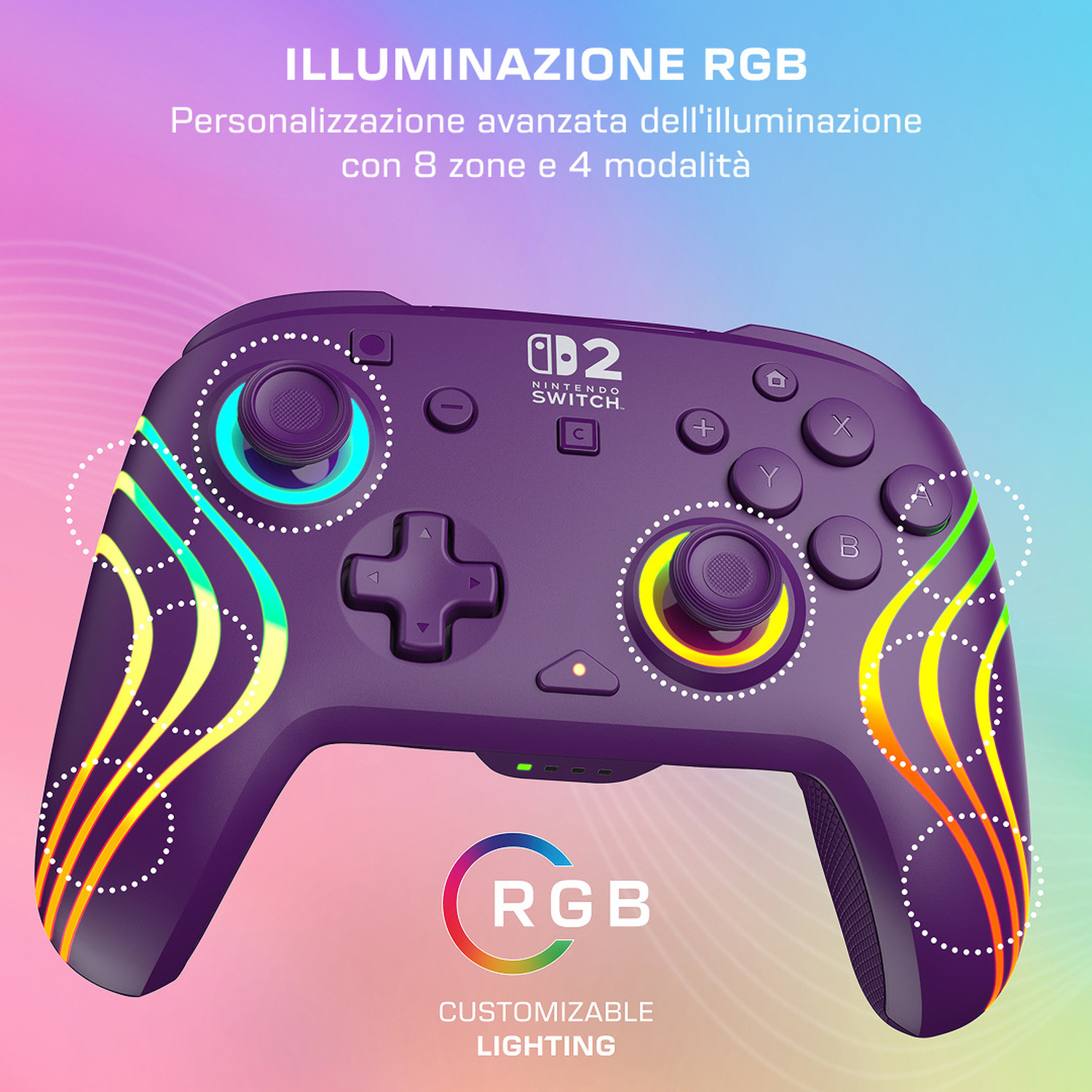 Controller viola Nintendo Switch con illuminazione RGB e motivi a onde.