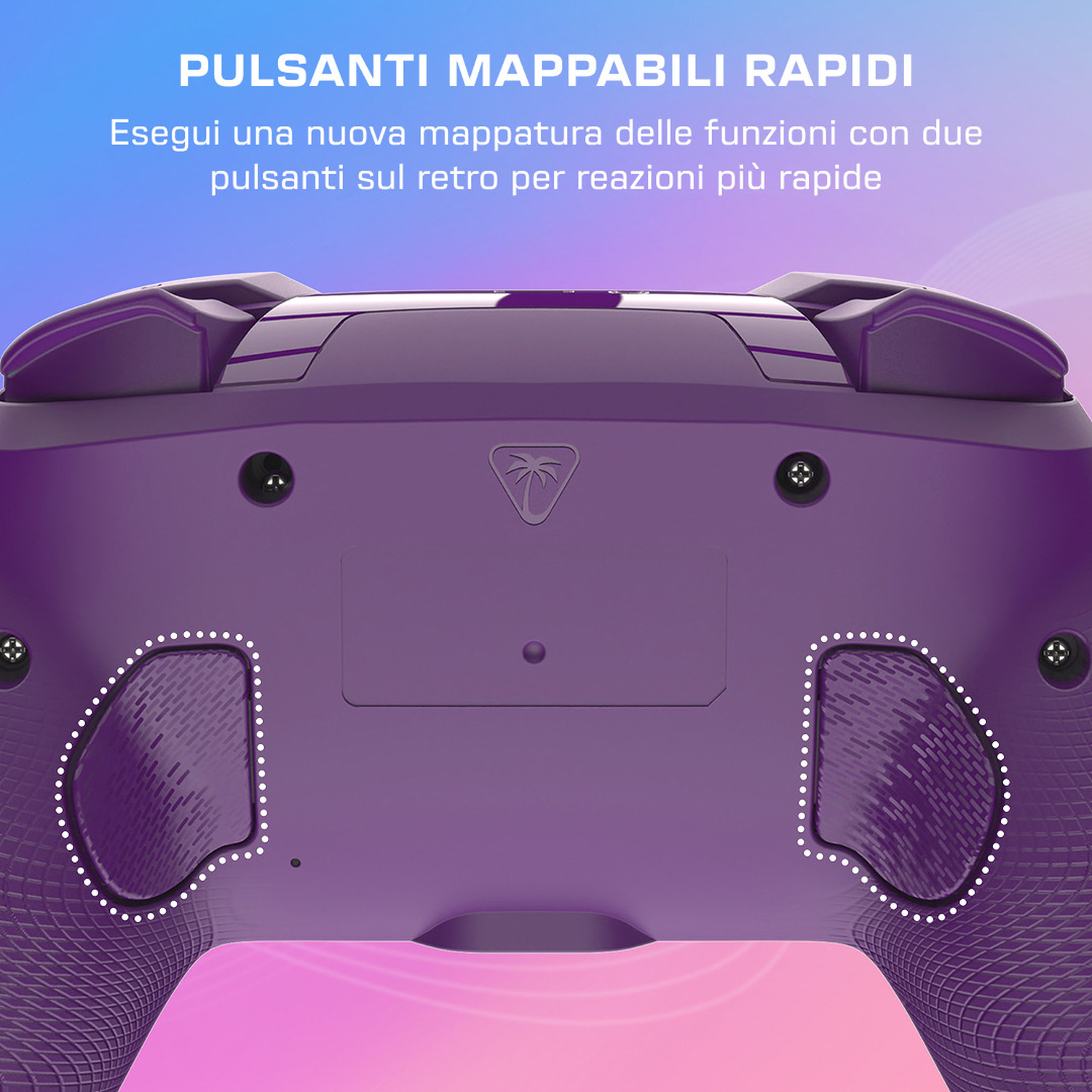 Retro controller viola con testo su pulsanti mappabili per reazioni rapide.