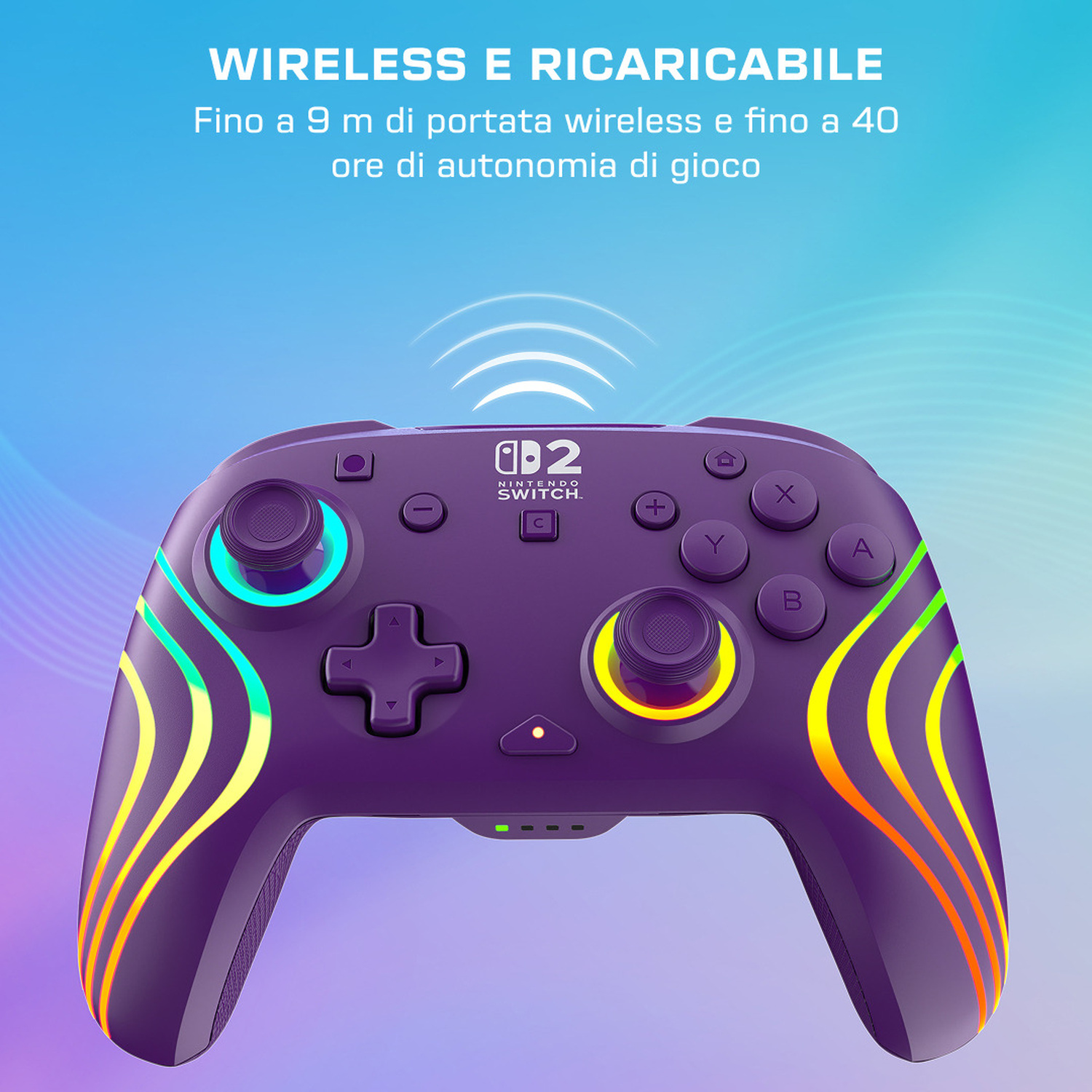 Controller viola Nintendo Switch con strisce luminose e logo.