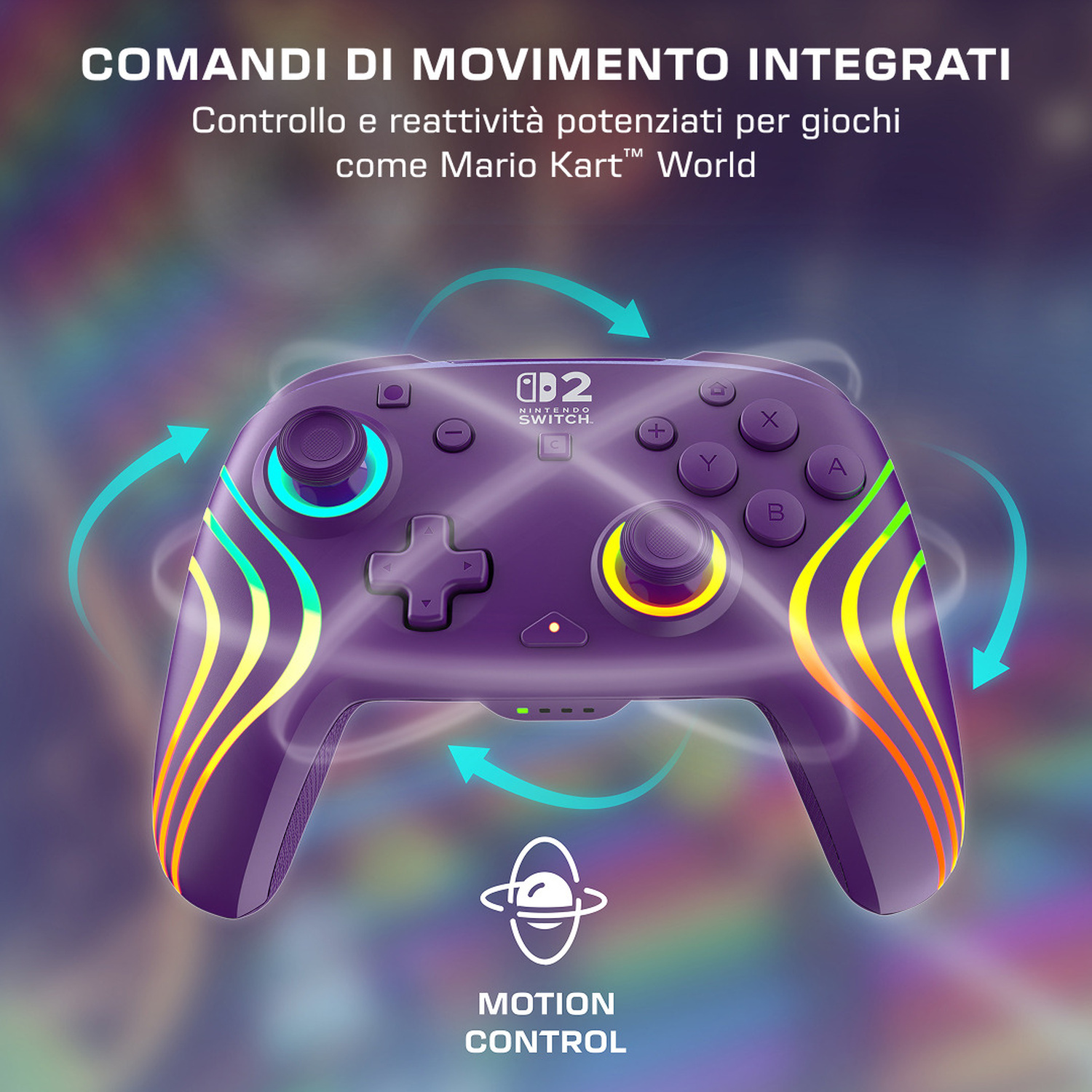 Controller viola Nintendo Switch con accenti luminosi e frecce di movimento.
