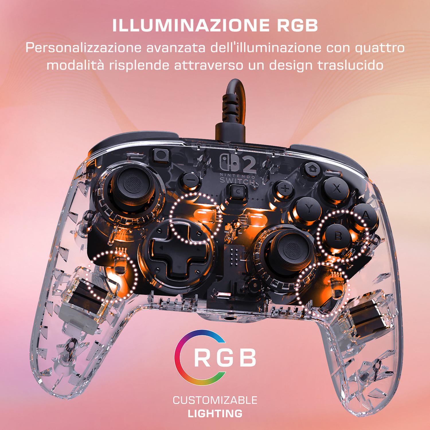 Controller trasparente Nintendo Switch con illuminazione RGB e componenti interni visibili.
