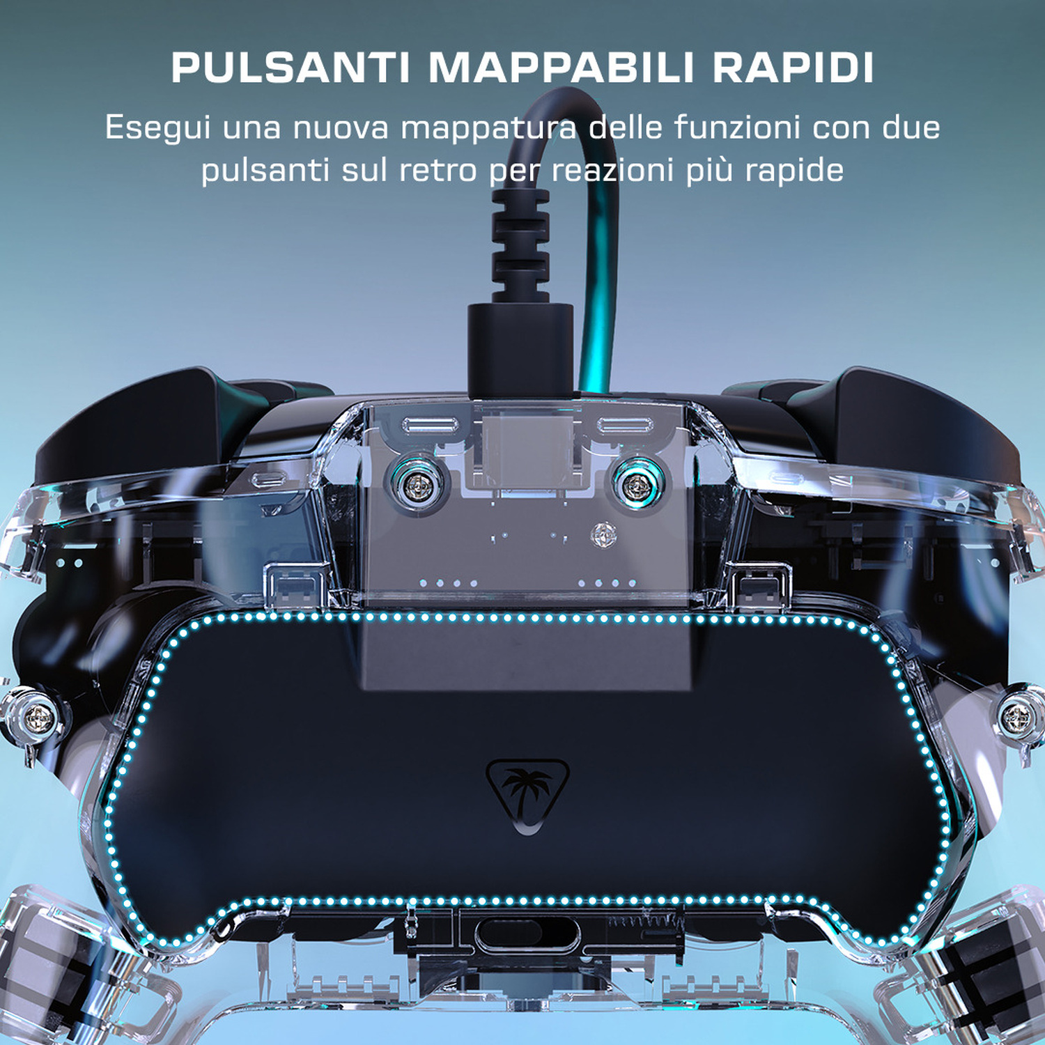 Controller trasparente con luci blu e componenti interni visibili.