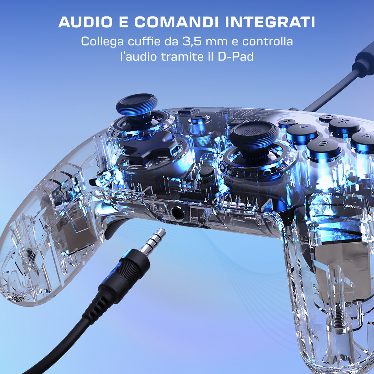 Controller trasparente con luci blu e jack audio da 3,5 mm.