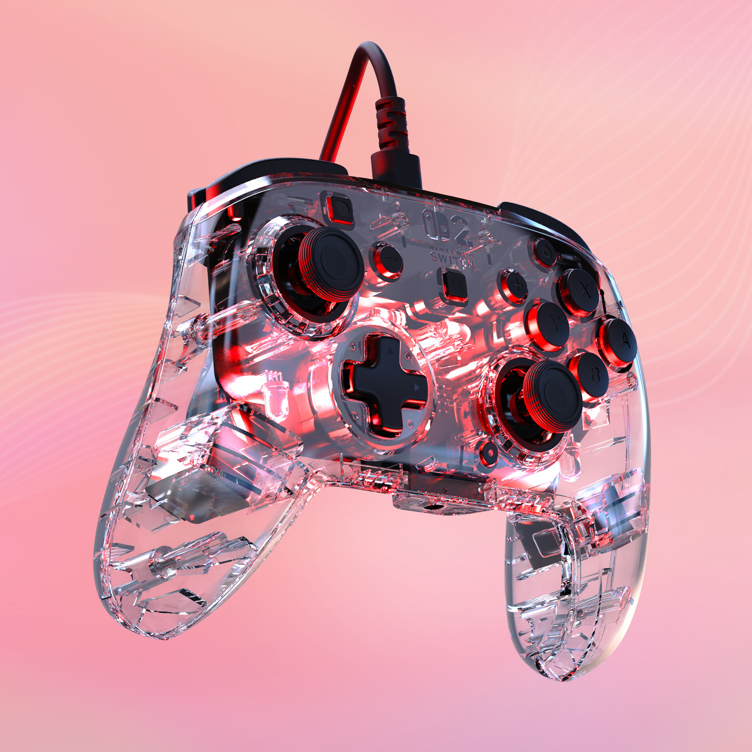 Un controller trasparente con luci rosse e pulsanti neri su sfondo rosa.