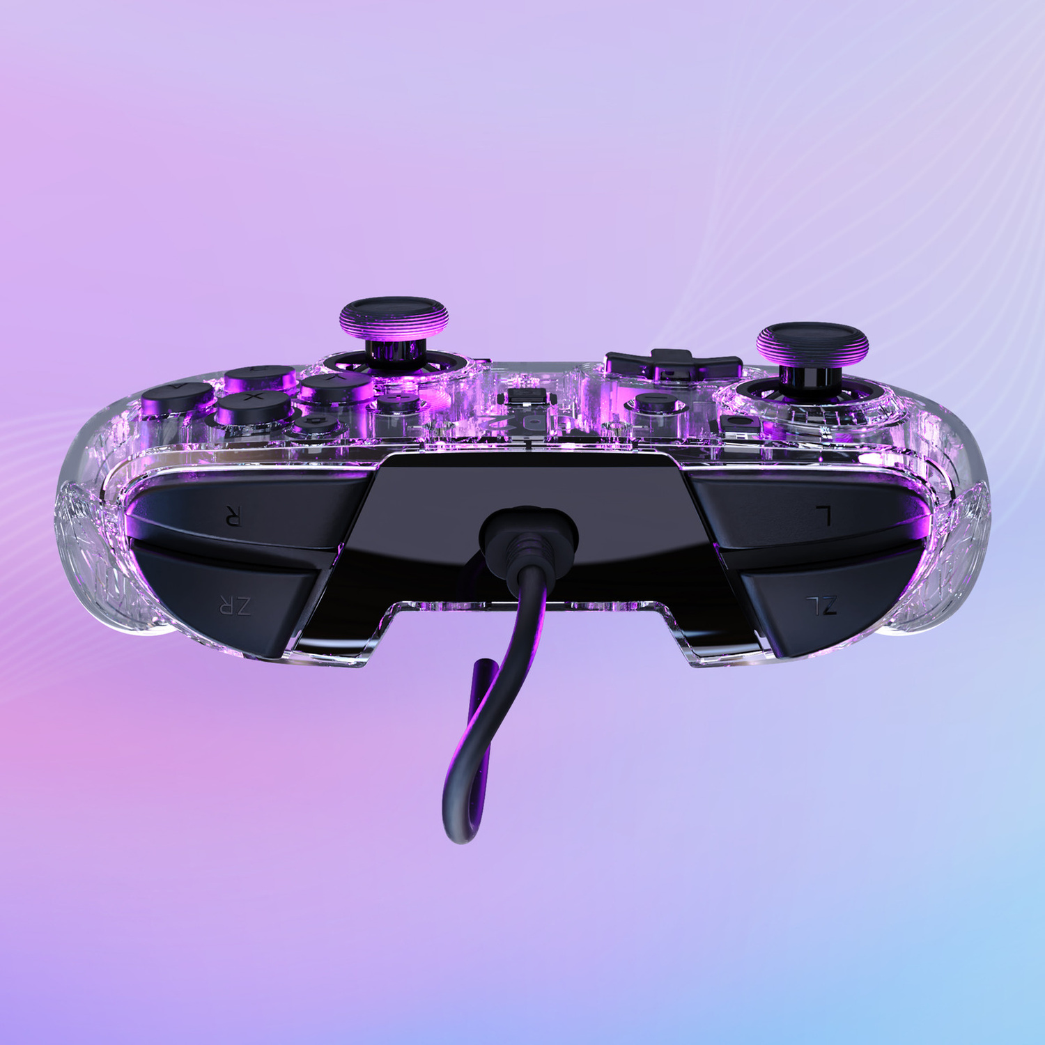 Un controller trasparente con pulsanti neri e cavo nero, su uno sfondo sfumato.