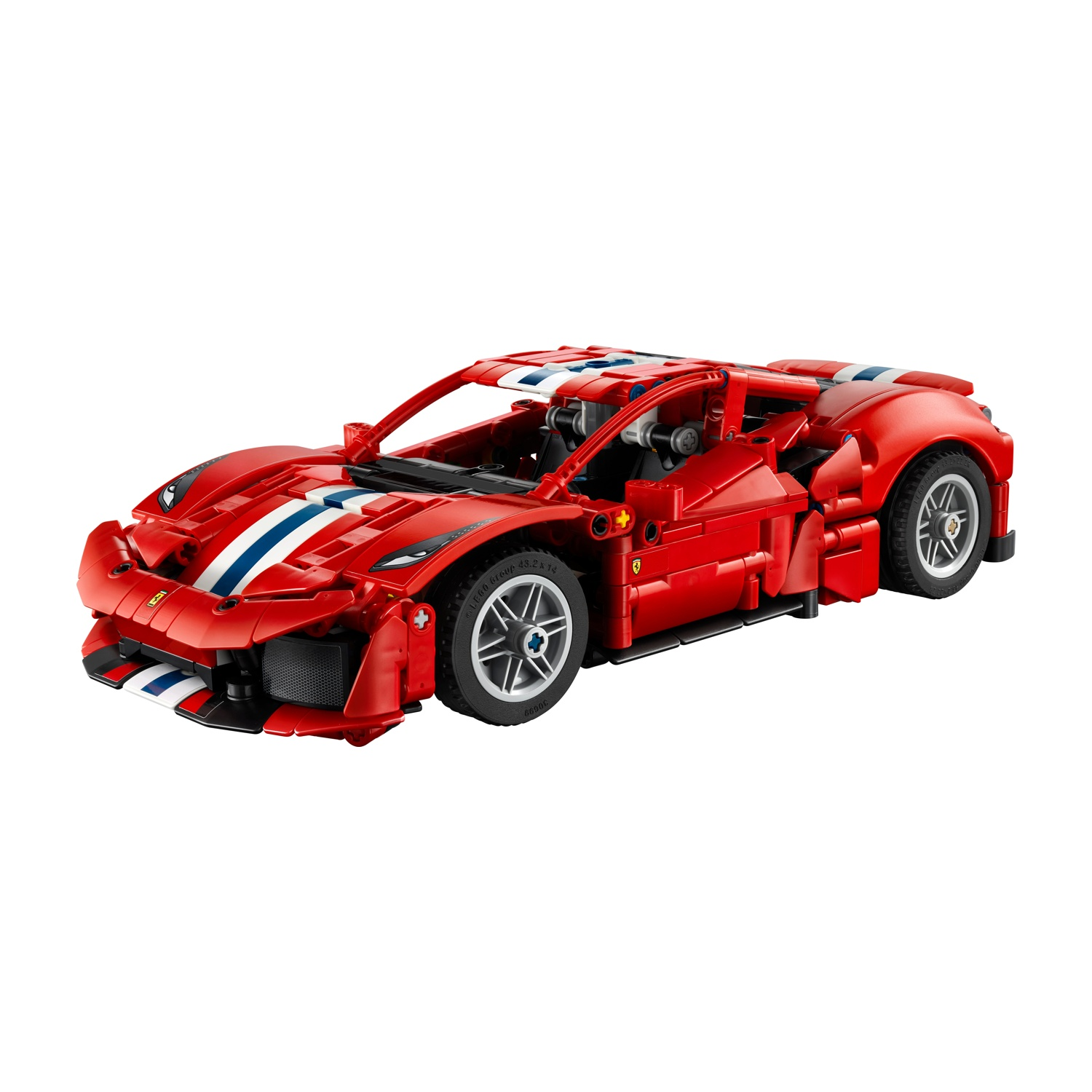Un modello di auto sportiva Lego rossa con strisce blu e bianche.