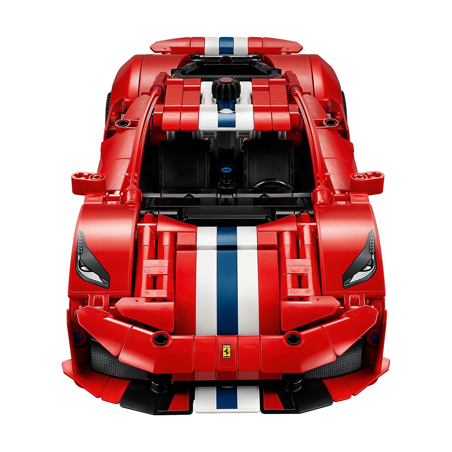 Un modello di auto sportiva Lego rossa con strisce blu e bianche e logo Ferrari.