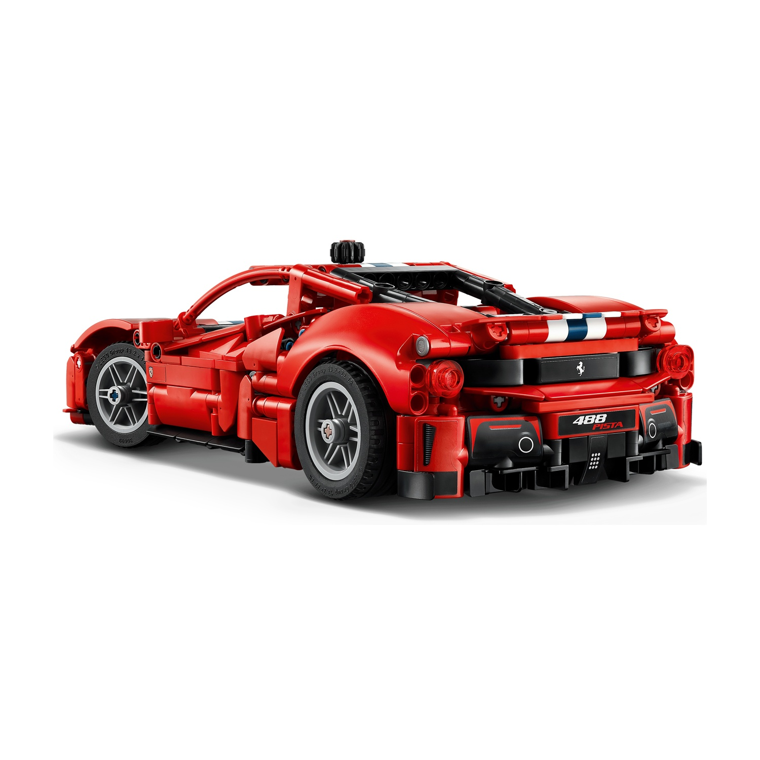 Una macchinina Lego rossa di una Ferrari 488 Fista con strisce bianche e blu.