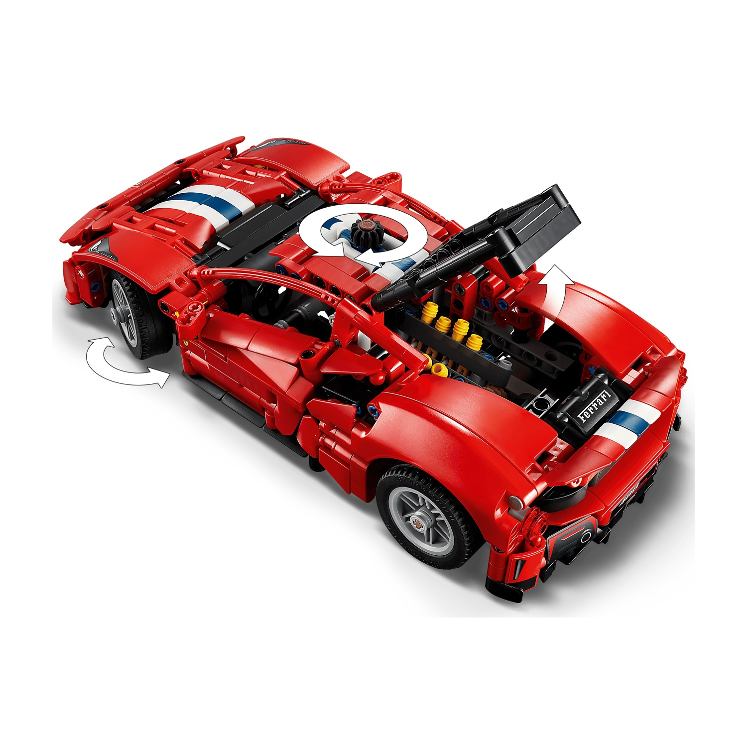 Una macchinina Lego rossa con il cofano aperto, che rivela i dettagli del motore.