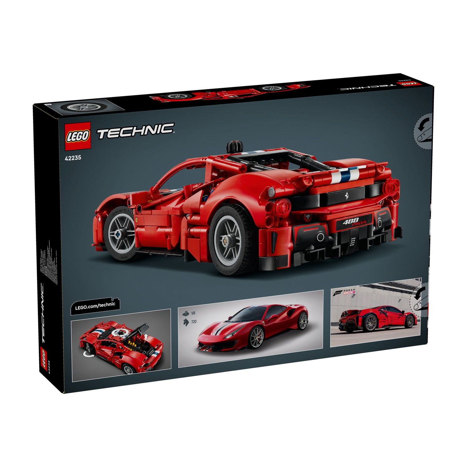 Scatola del kit modello LEGO Technic Ferrari 488 Pista, mostra un'auto rossa.