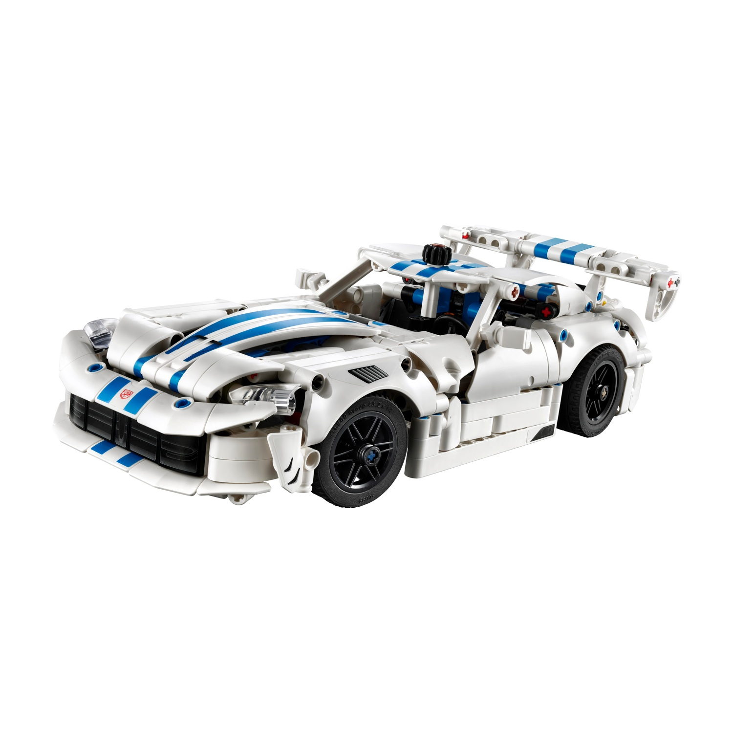 Un modello di auto sportiva Lego bianca con strisce blu e spoiler posteriore.